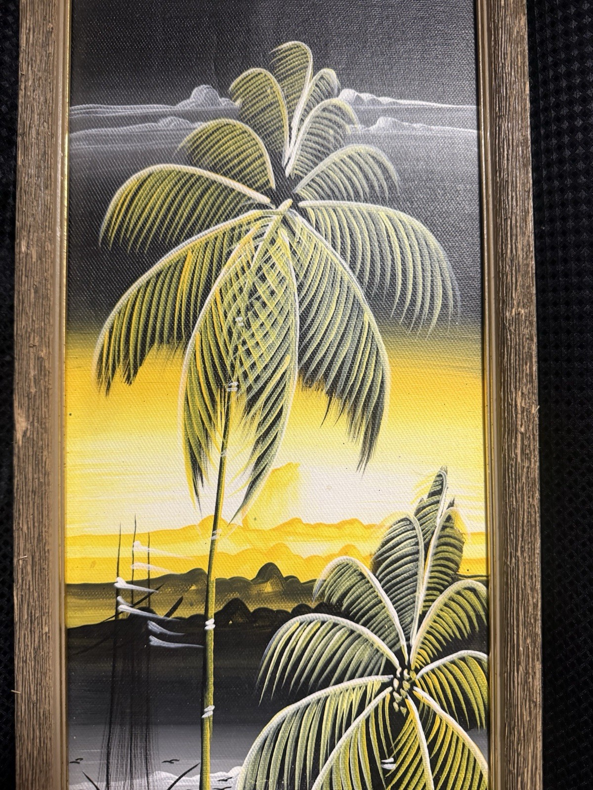 2 Tropical 8.5” x 29” FRAMED OIL PAINTINGS Painting SET Signed TIKI Palm Trees