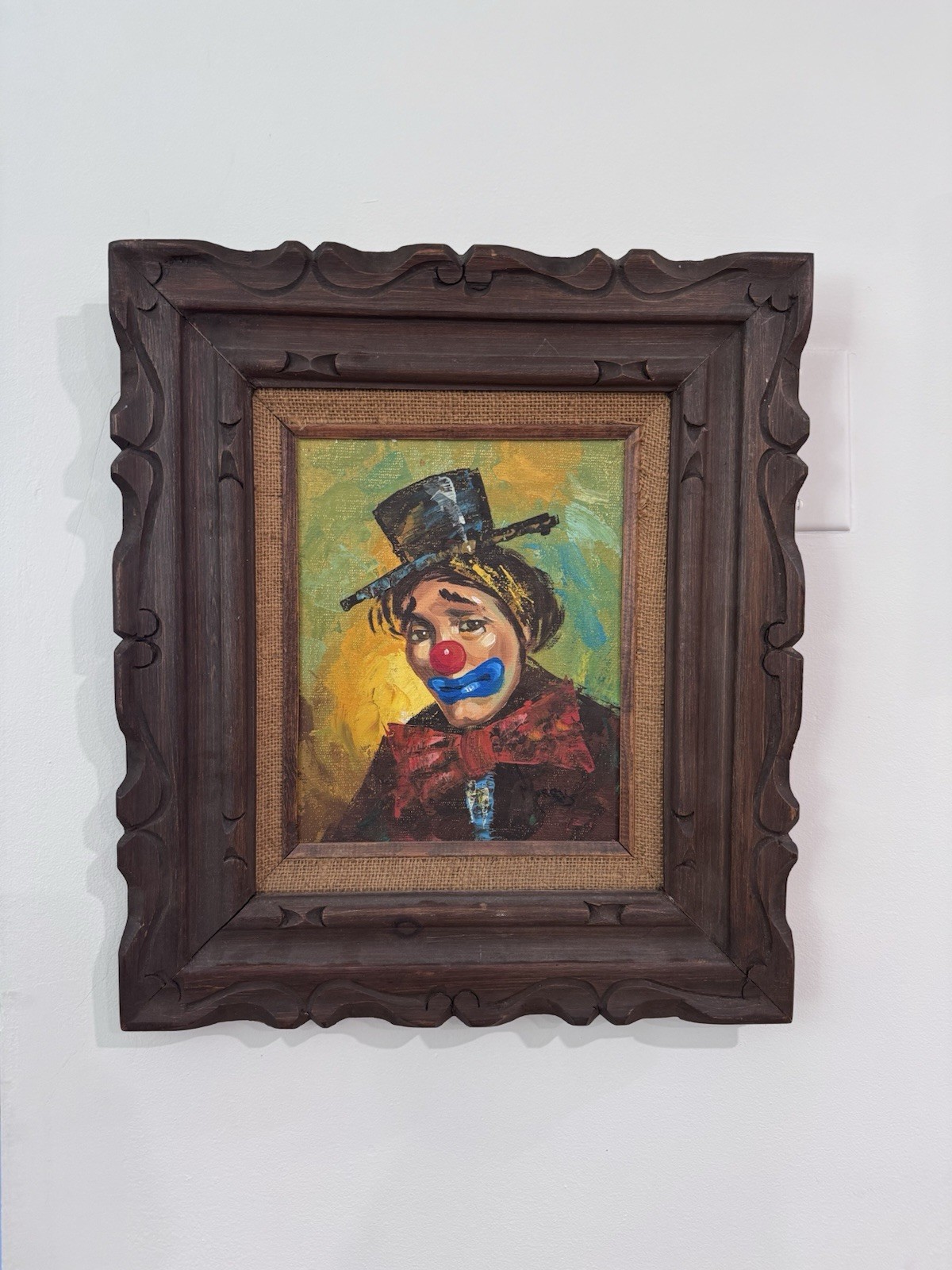 Vintage Framed Clown Painting Signed Wall Hanging Folk Art Mexico Colorful Sad