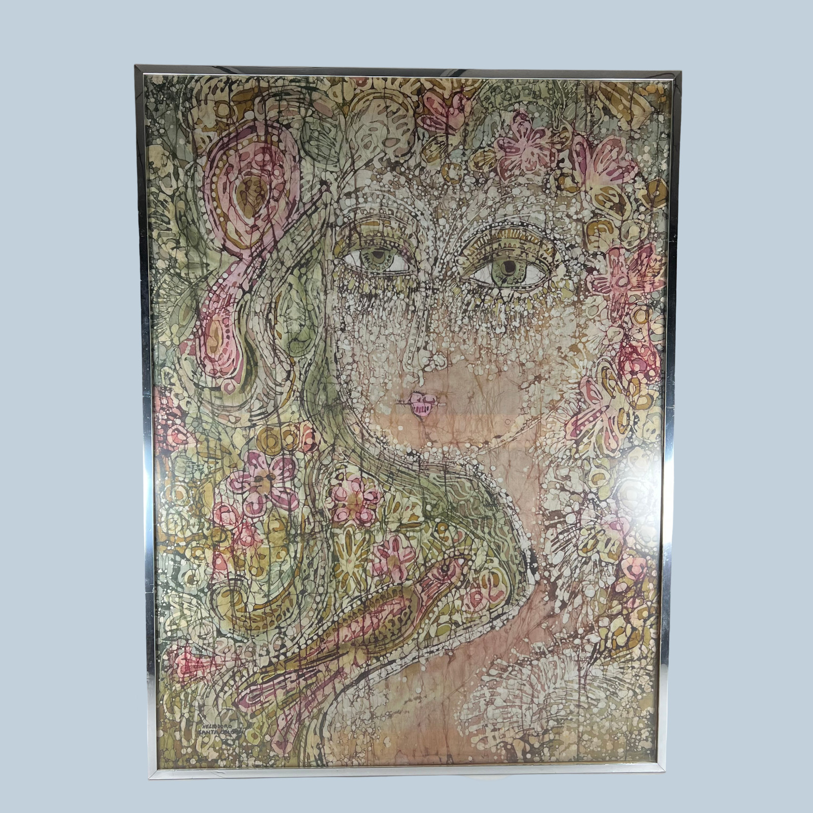 Heliodoro Santa Coloma (NY, 1932-2013), Female Face Happy Woman Fabric Painting
