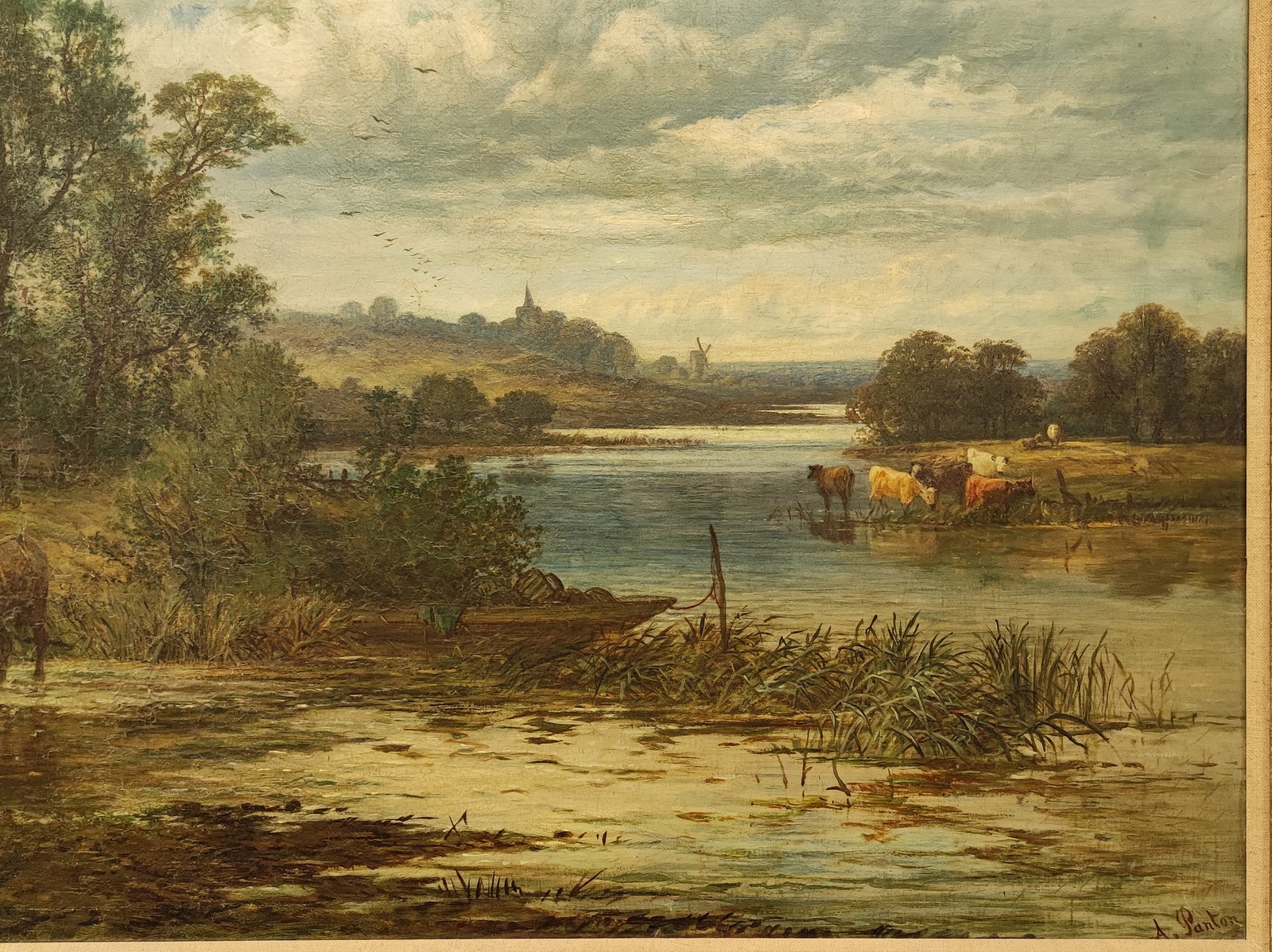 SIGNED 19TH CENTURY LARGE ORIGINAL OIL PAINTING ENGLISH PASTORAL LANDSCAPE