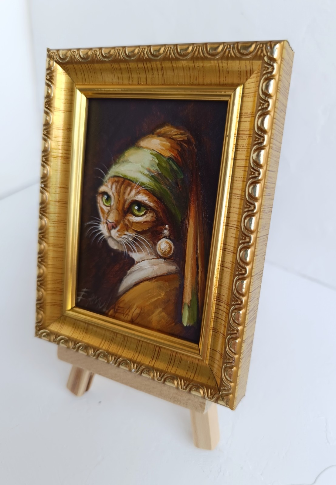 ACEO Cat with Pearl Earring Oil Painting Framed Original Artwork 2.5×3.5 in