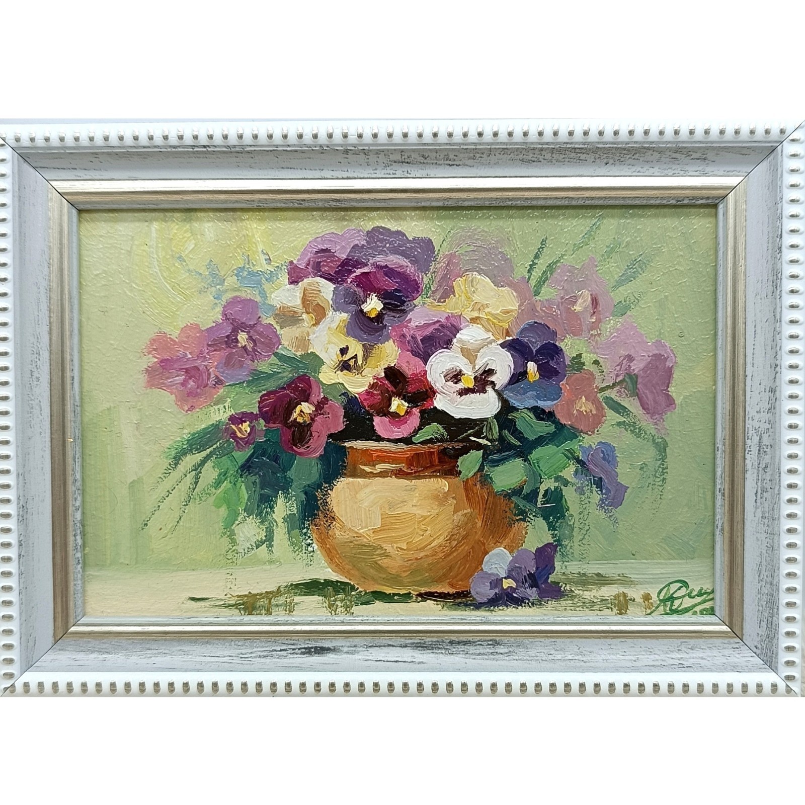 Pansies Original Oil Painting 4×6 Framed Signed Flower Vase Still Life Wall Art