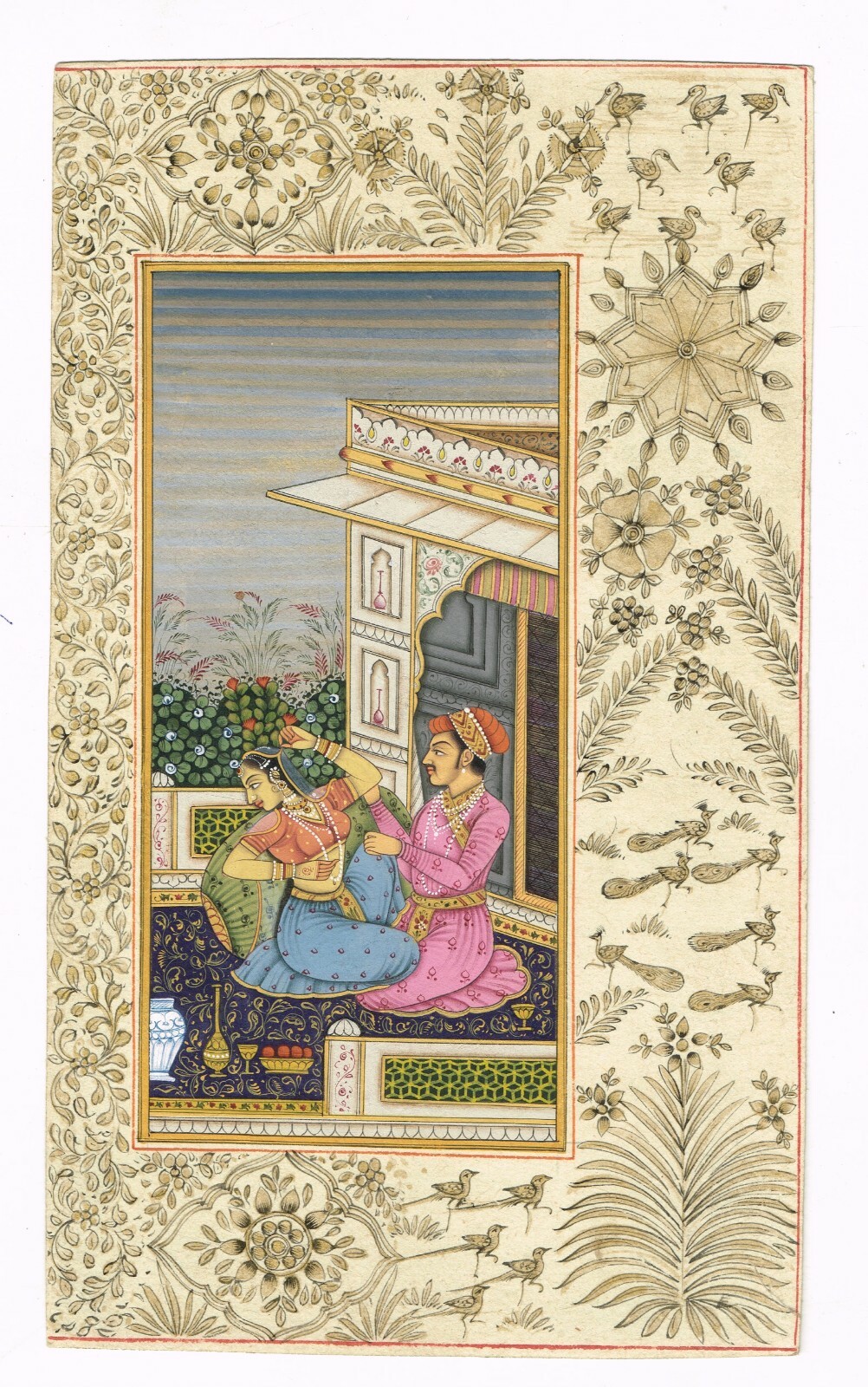 Handmade Indian Painting Of Emperor And Empress In Love On Terrace 4.5×8 Inches