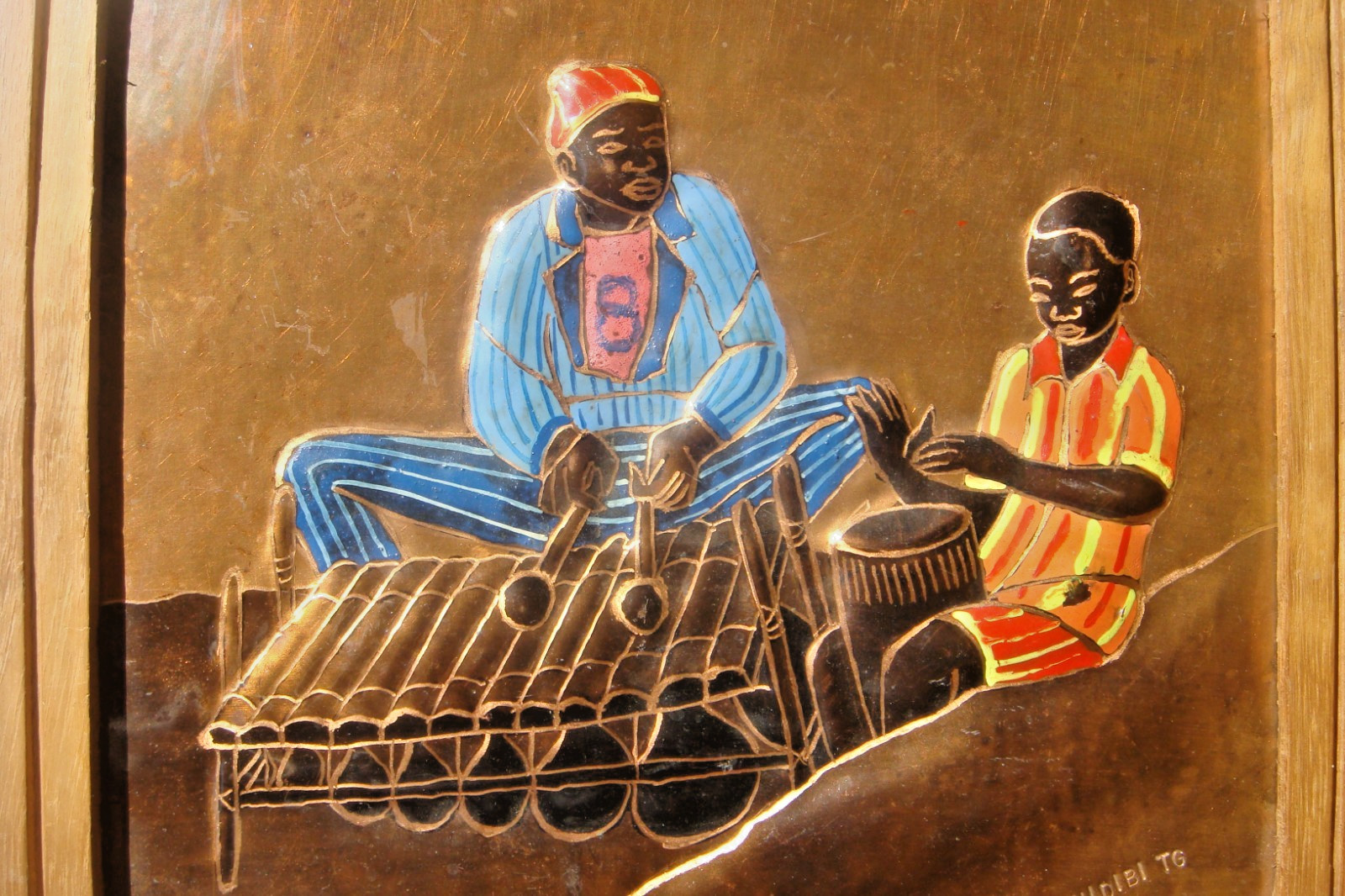 African Relief painting on copper signed by the Congolese artist Guycha Tshidibi