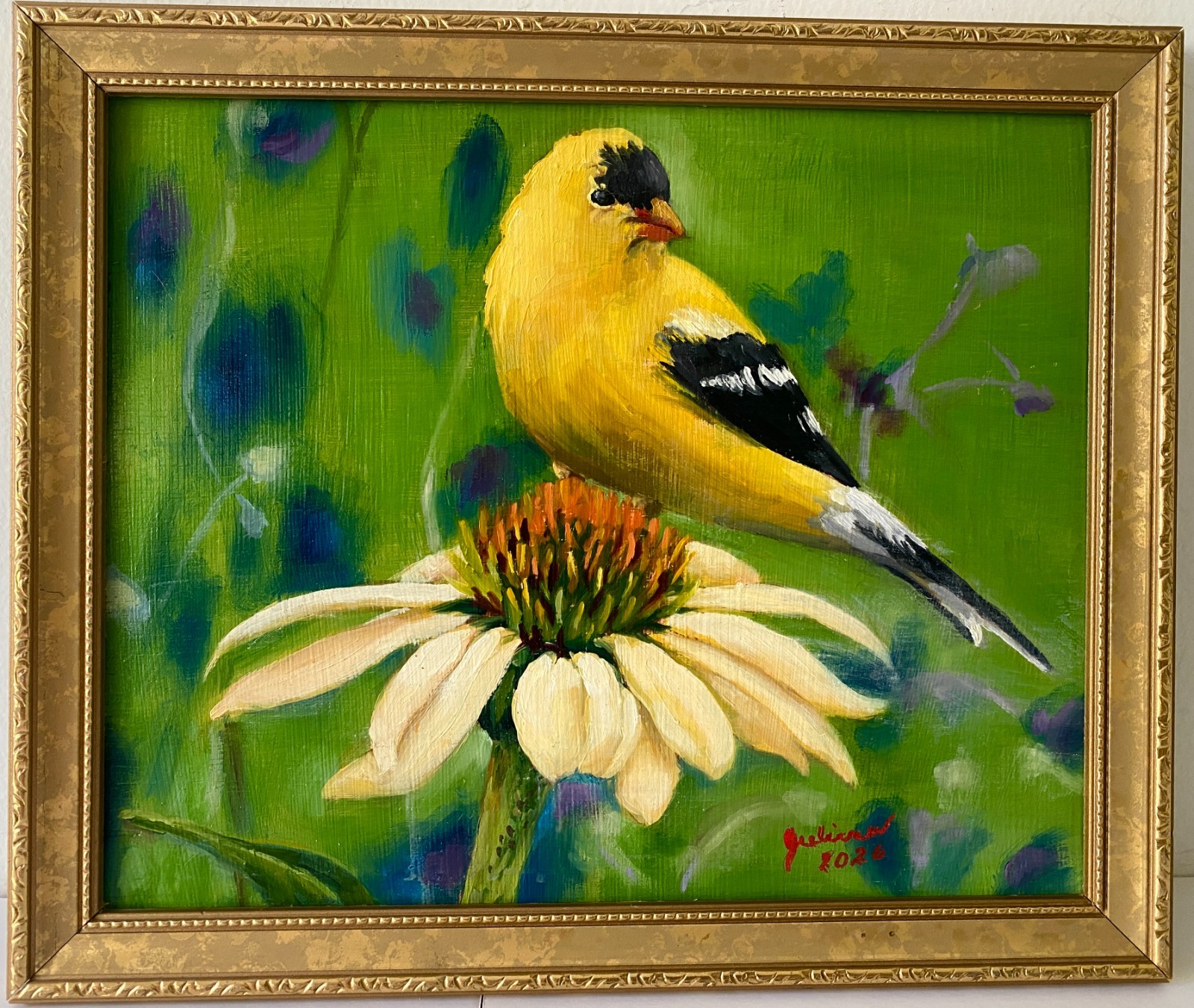 GOLDFINCH AND CONEFLOWER ~ Realistic Oil Painting on Board ~ FREE SHIPPING