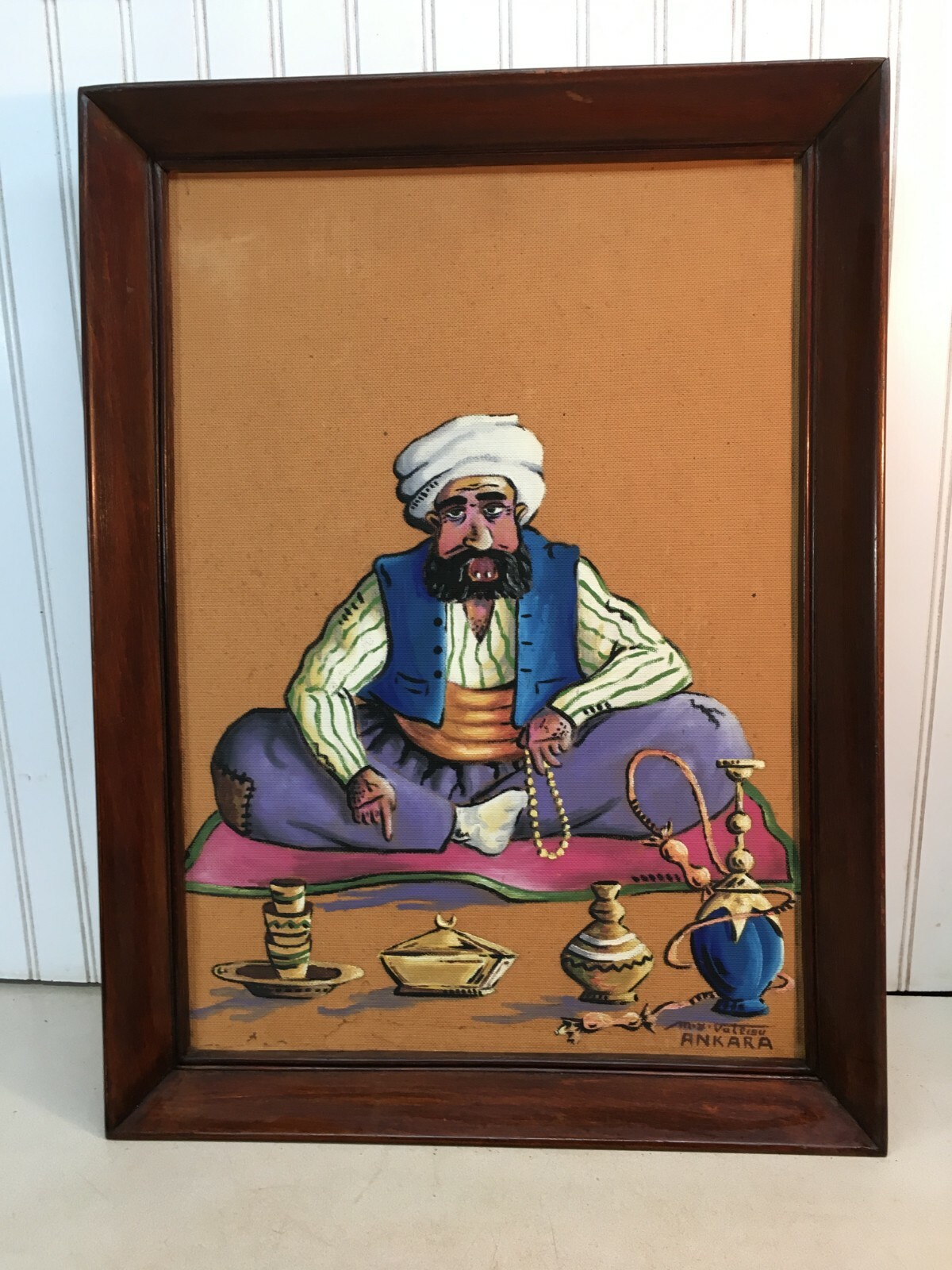 Vtg Mid Century Turkish Painting Art Arab Tea in wood frame 20in x 27in Signed