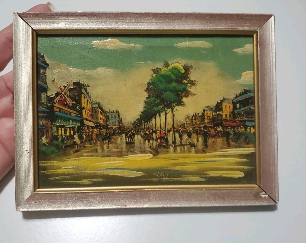 Vtg Spanish Hand Painted Oil Painting Paris Street Scene 8″ Gold Leaf Montmartre