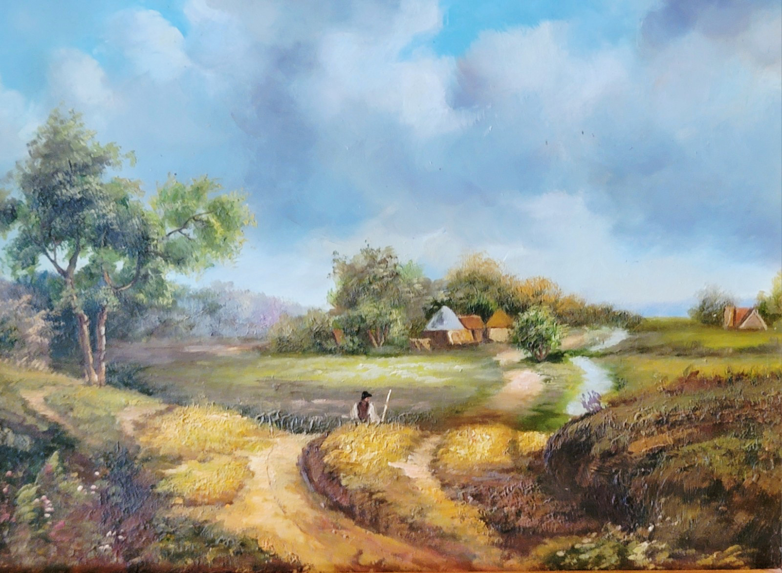 GILT FRAMED OIL ON BOARD PAINTING OF A BUCOLIC LANDSCAPE 14 X 12 UNSIGNED
