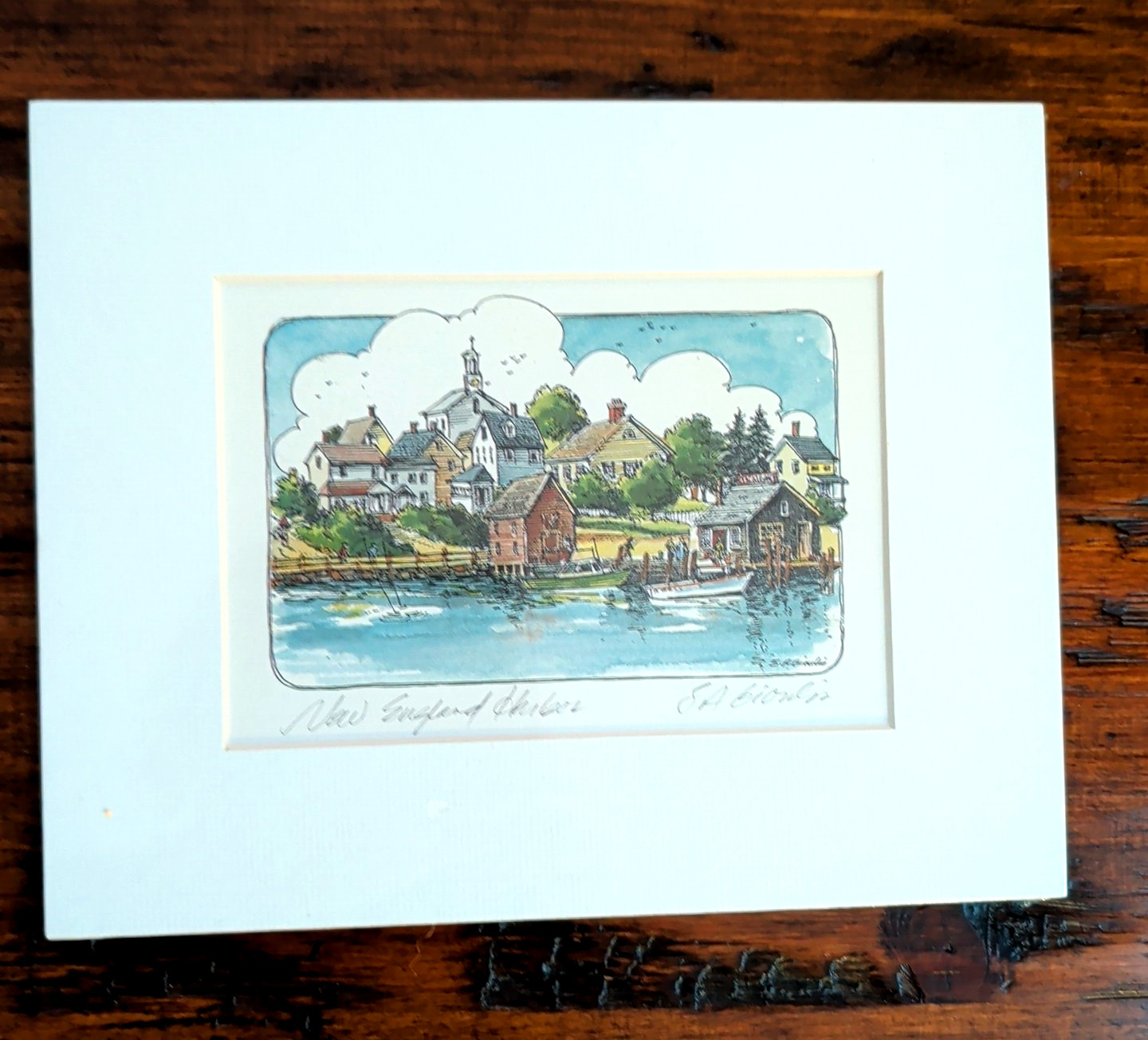New England Harbor Matted Watercolor Signed Sue Gioulis New Sealed 8×10