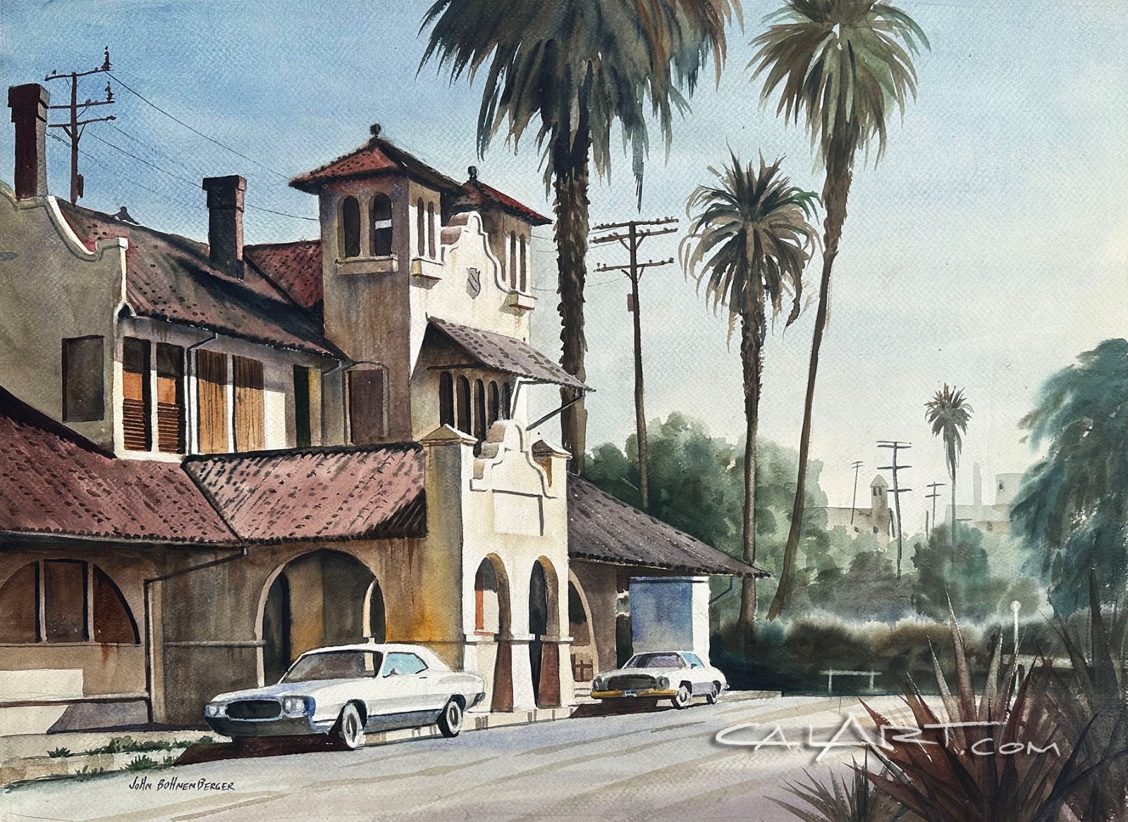 Vintage Painting of Historical UNION PACIFIC RAILROAD DEPOT in RIVERSIDE, CA