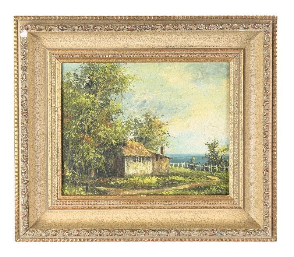 «Untitled» (Cottage by the Sea) Oil on Canvas by Ting, Framed 15×13″