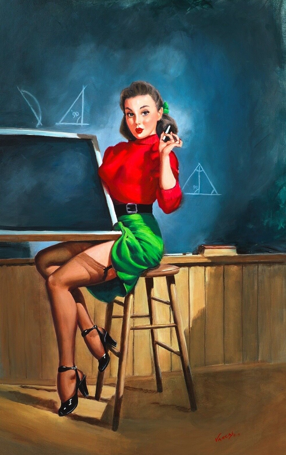 SALE VANCAS Elvgren Pinup TEACHER Signed Giclee UPSKIRT Pin-Up Garters Stockings