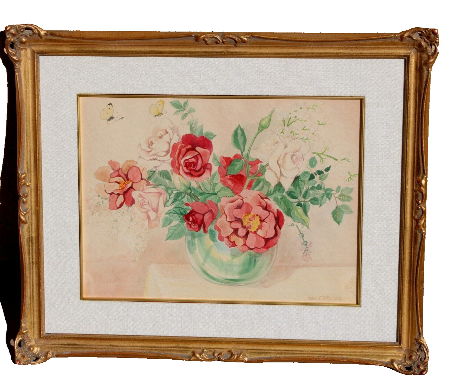 Vintage watercolor Butterflies and a Vase of Roses
