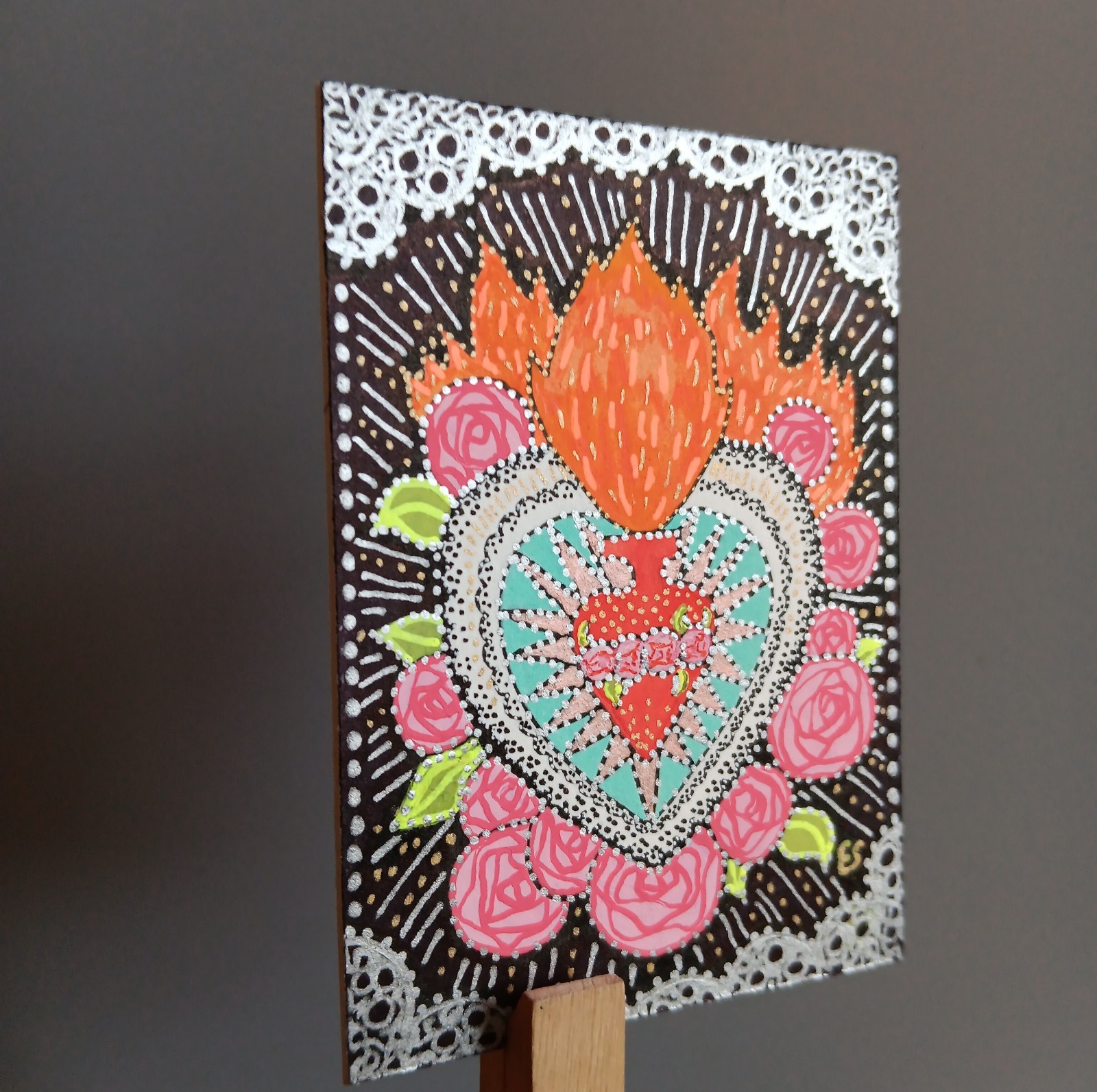❤️ACEO Original Painting Signed by Outsider Artist ES 2.5×3.5″ You are loved.