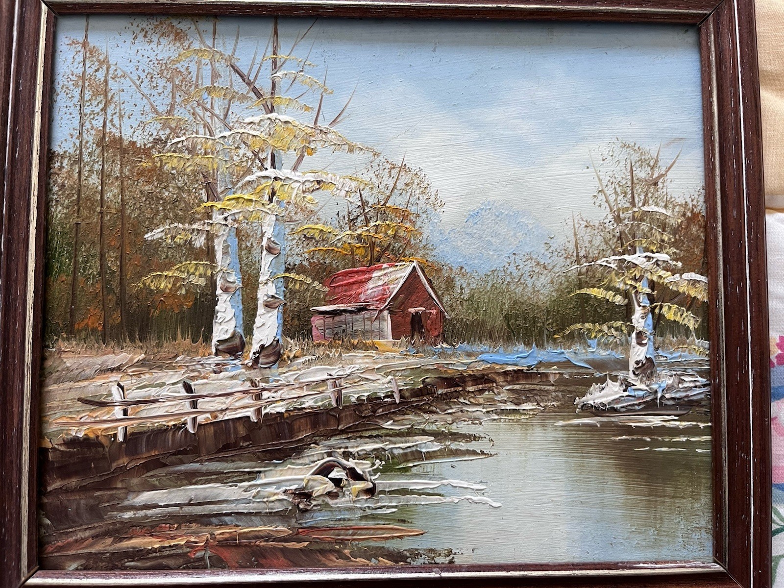 VTG Picture Hand Painted Art Framed Rustic Red Barn Pond 10×9″