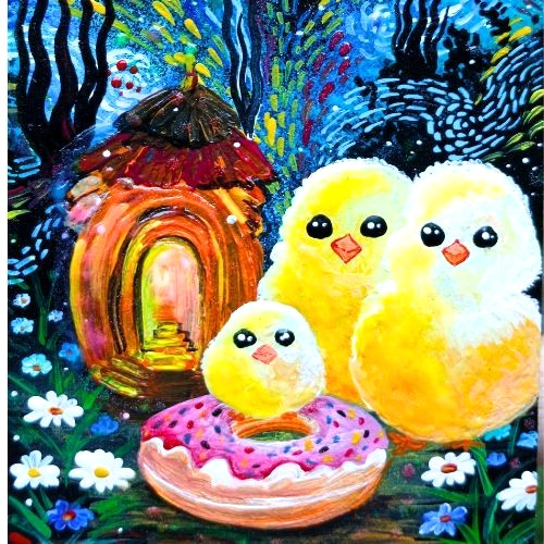 ACEO Original Cute Roosters UV Paint & Acrylic Radium Sky Starry Night Art NEW
