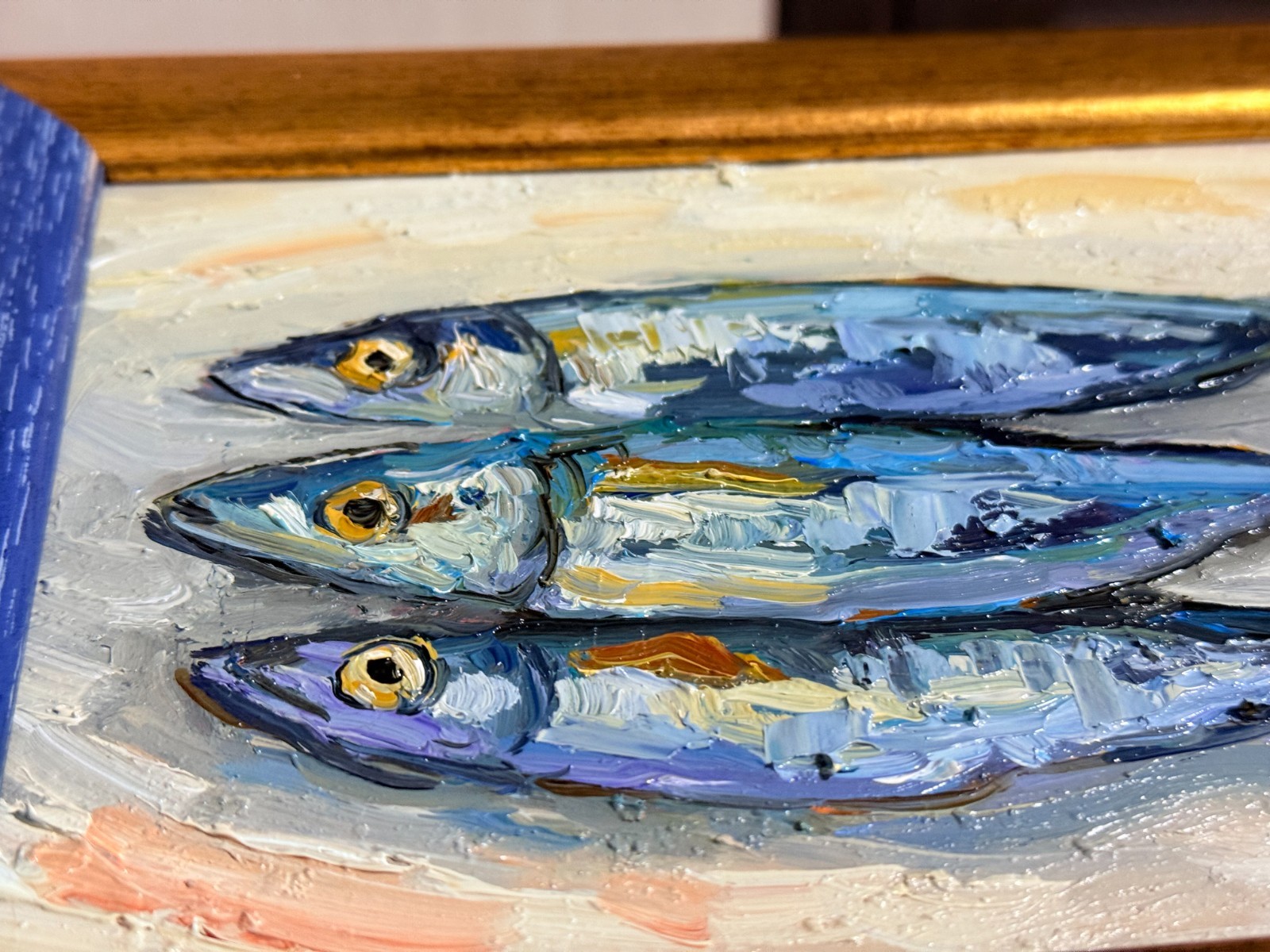 Sardine Original Oil Painting Fish Seafood Art Still life Kitchen Signed Framed