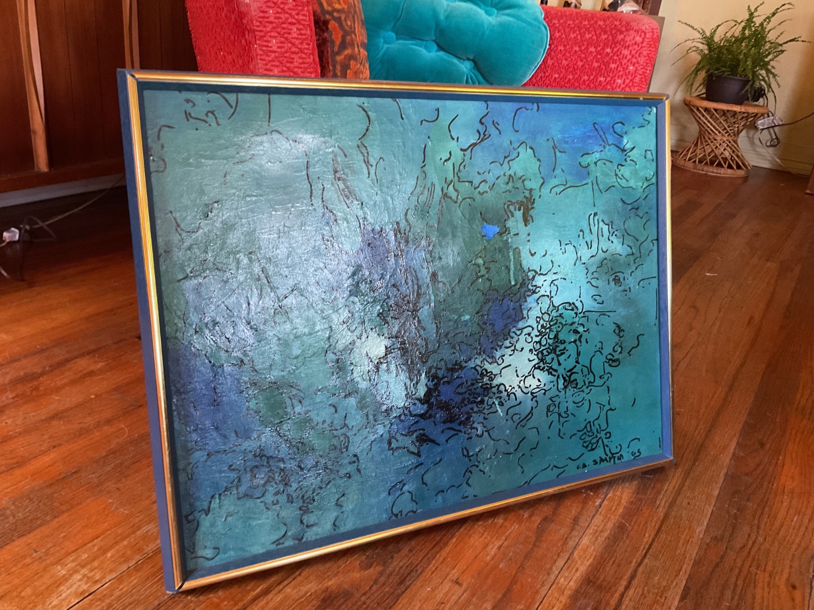 1965 Abstract Oil Painting Canvas Mid Century Modern Vintage Blue White signed