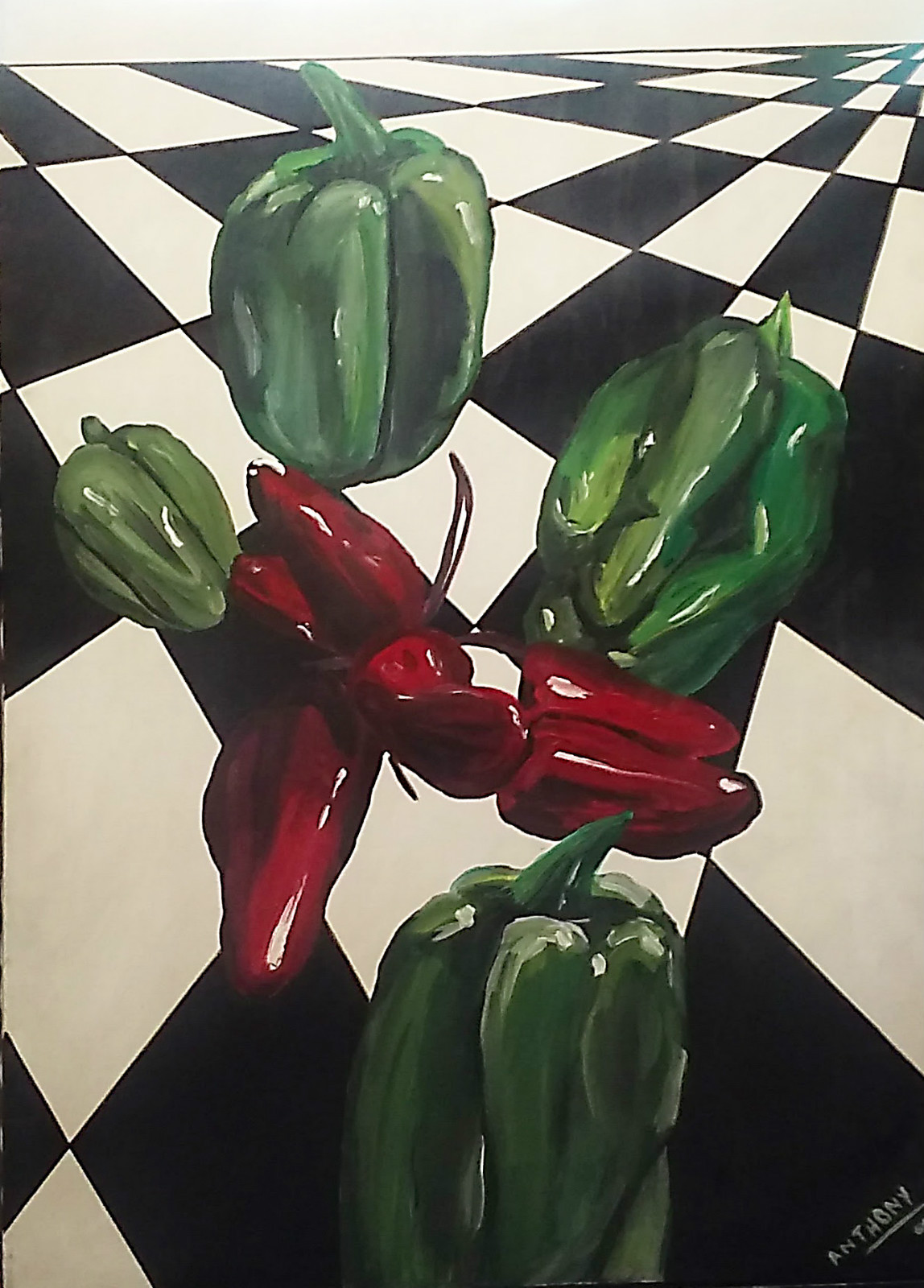 Green and Red Peppers Painting 24×36 Original Black and White Checker A Saldivar