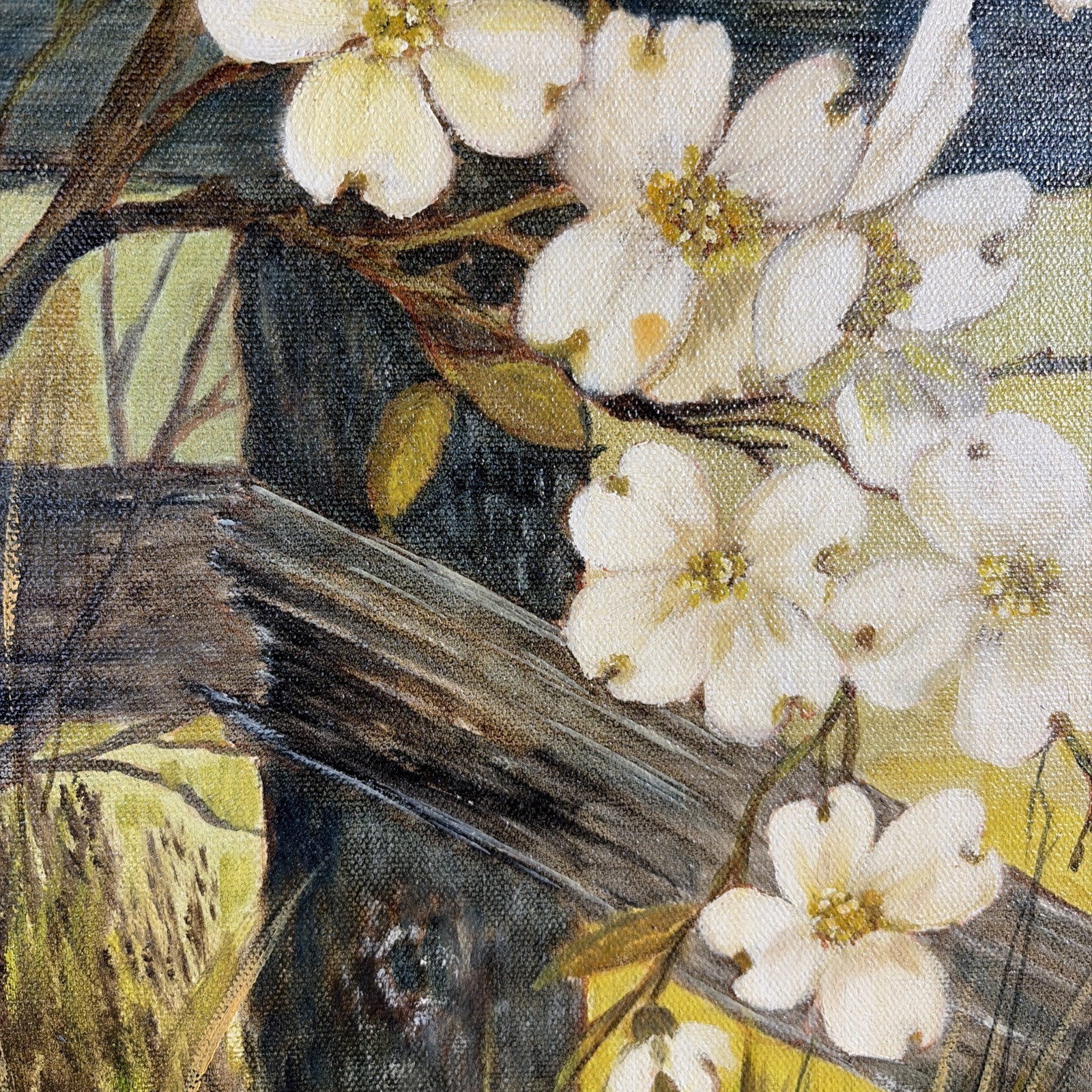Vintage White Dogwood Blossoms Art Painting Flowers Rustic Botanical Landscape
