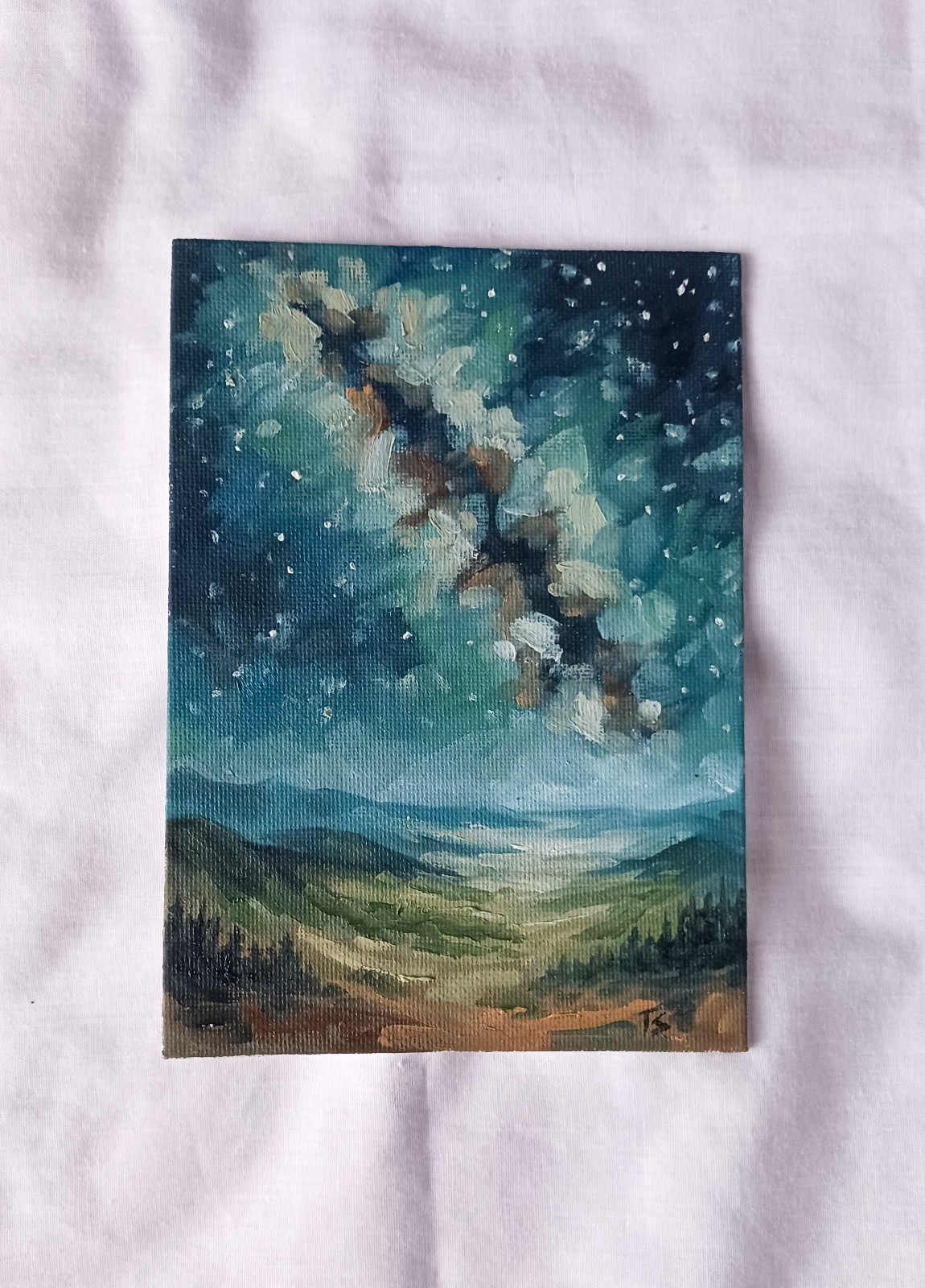 ORIGINAL Oil Painting Impressionism Landscape Milky Way Galaxy Night Sky 5″ x 7″
