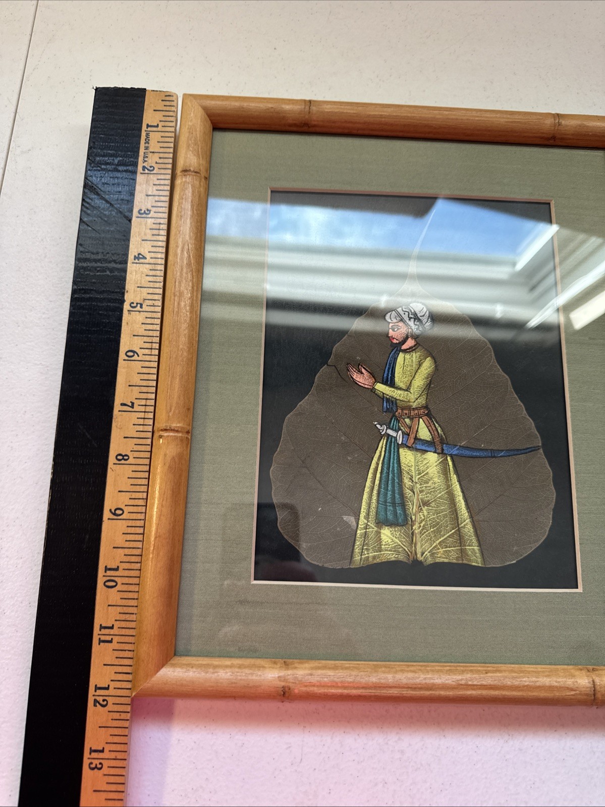 Vintage Hand Painted Pipal Leaf Framed 10”x12”