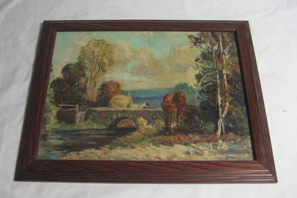 VINTAGE LISTED CY LEWIS STONE BRIDGE LANDSCAPE PAINTING