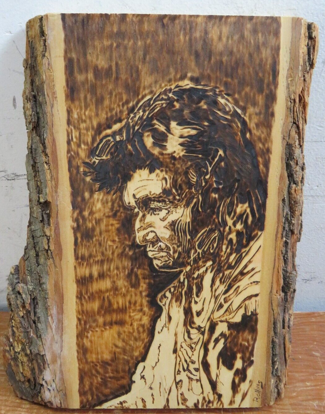 Vintage Native American Wood w/ Bark Painting/Burning/Carving Rollins 9×11