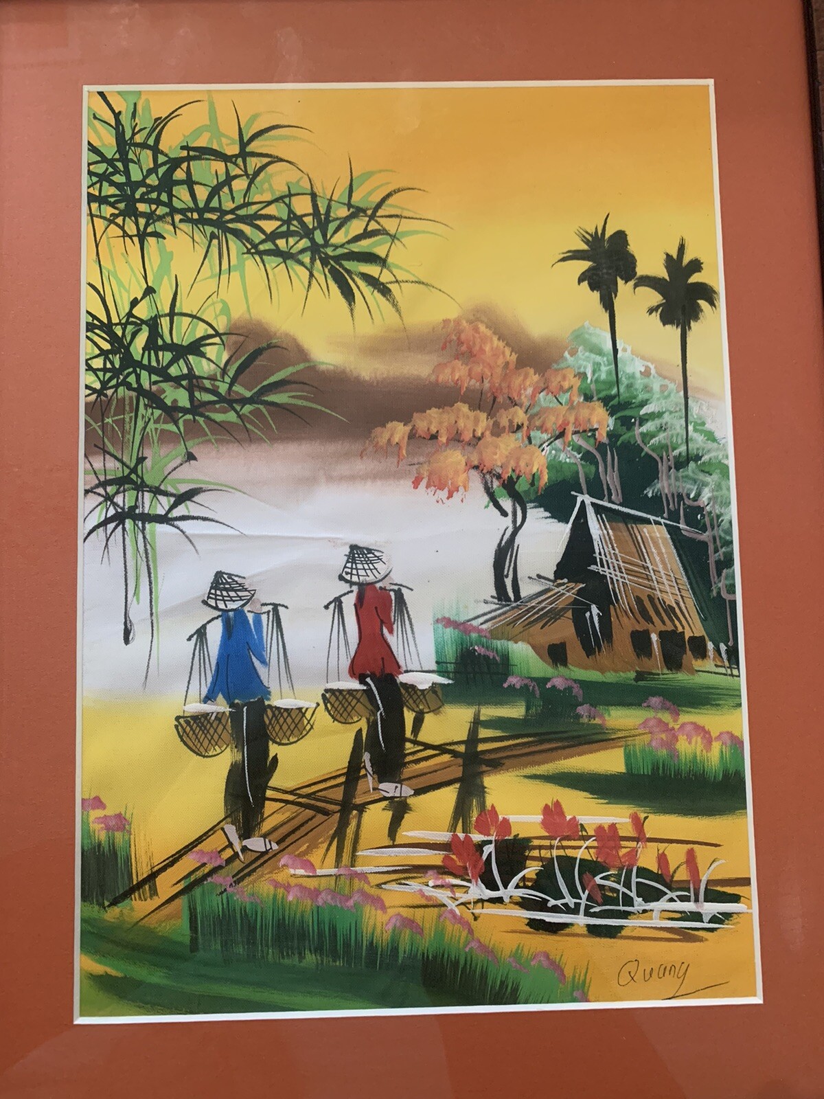 Original Vintage Asian Village Town House Watercolor Women Quang 11.5”x15.5”