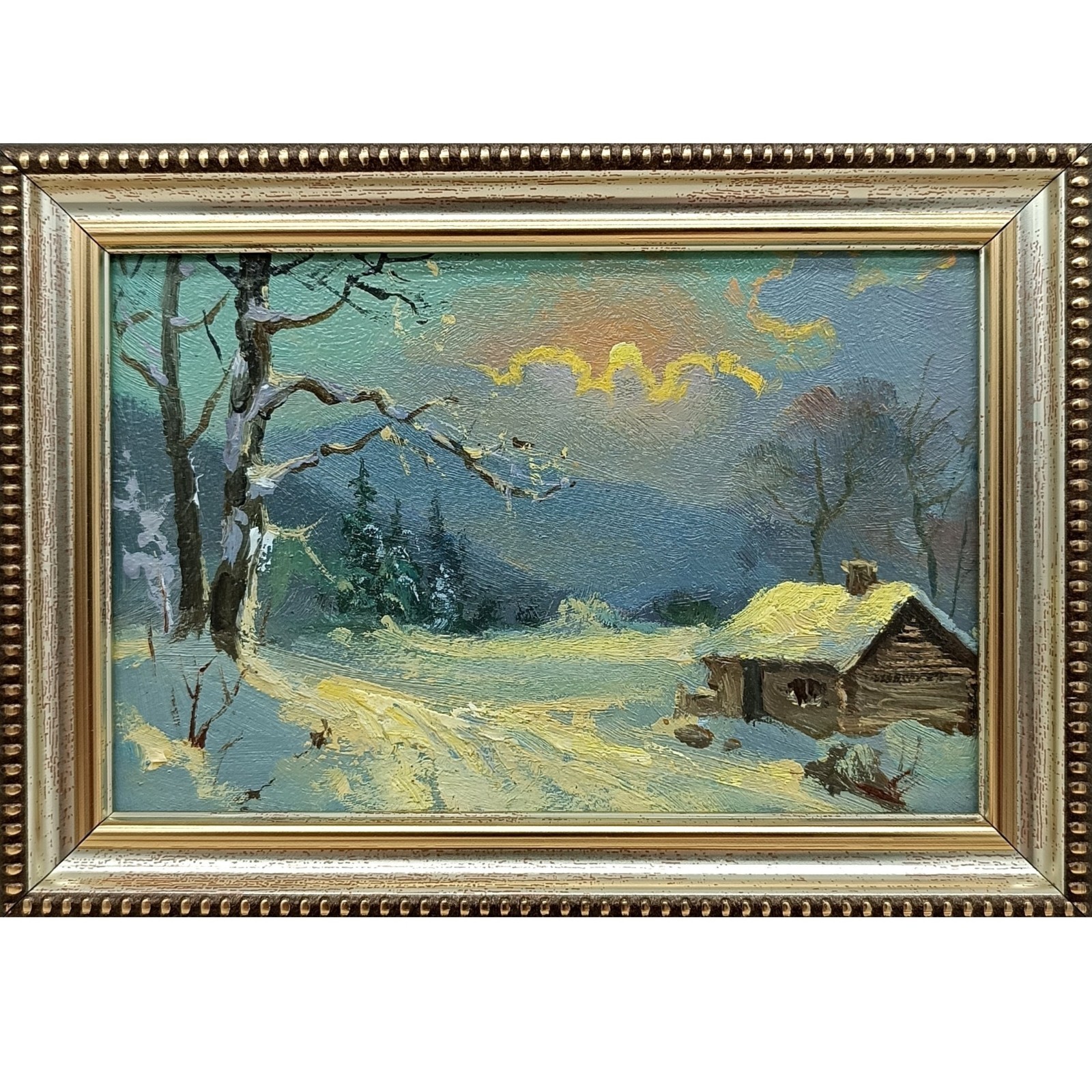 Winter Landscape Original Oil Painting 6×4 Framed Signed Snowy Cabin Art