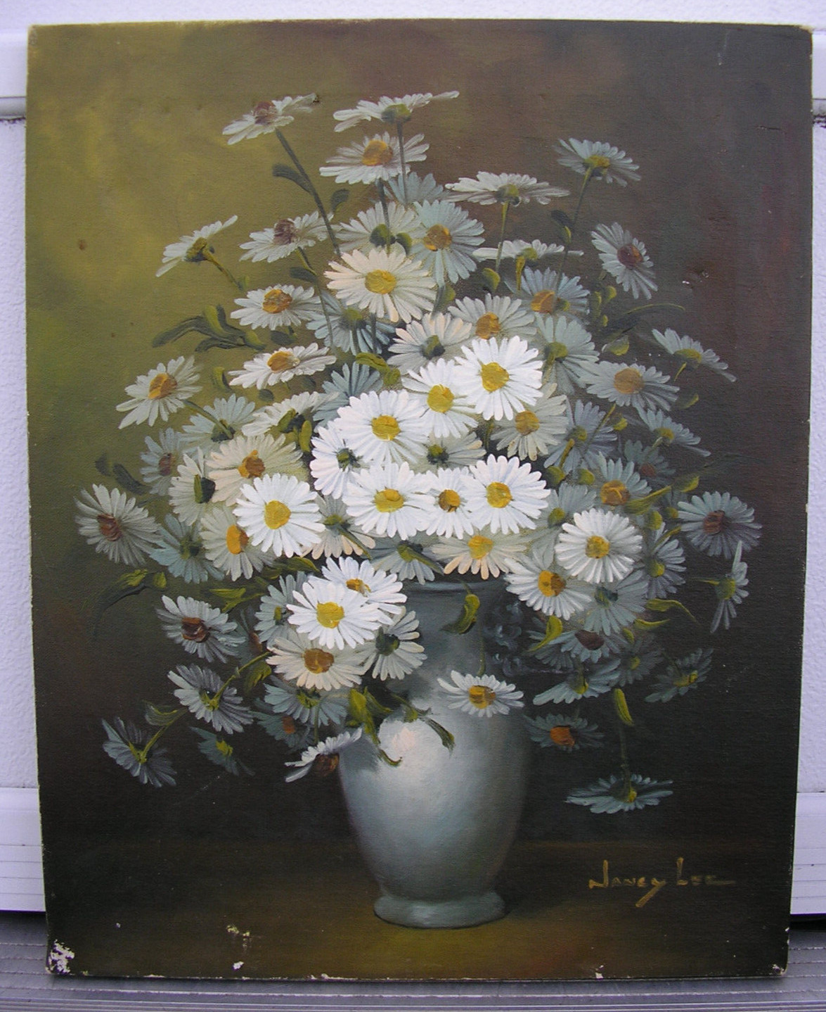 Original Still Life Oil Painting Art White Daisies Bouquet in Vase Signed N. Lee