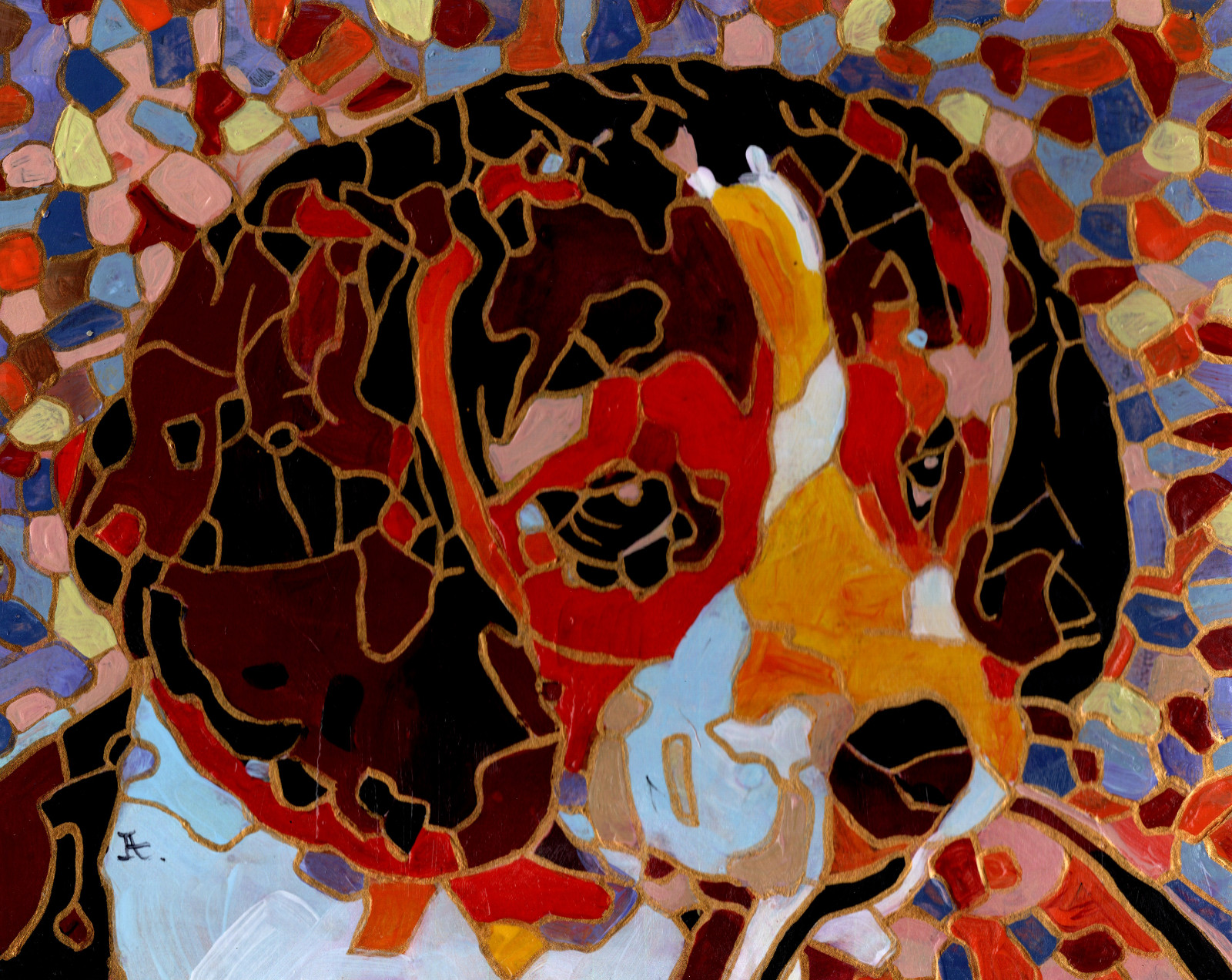 Original painting on board , DOG, animal, abstract, 8″x 10″, signed, cubism