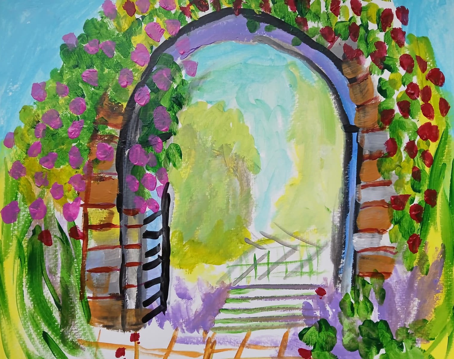 Impressionistic 11×14 Rose Garden Gate Acrylic Original Signed Art Painting