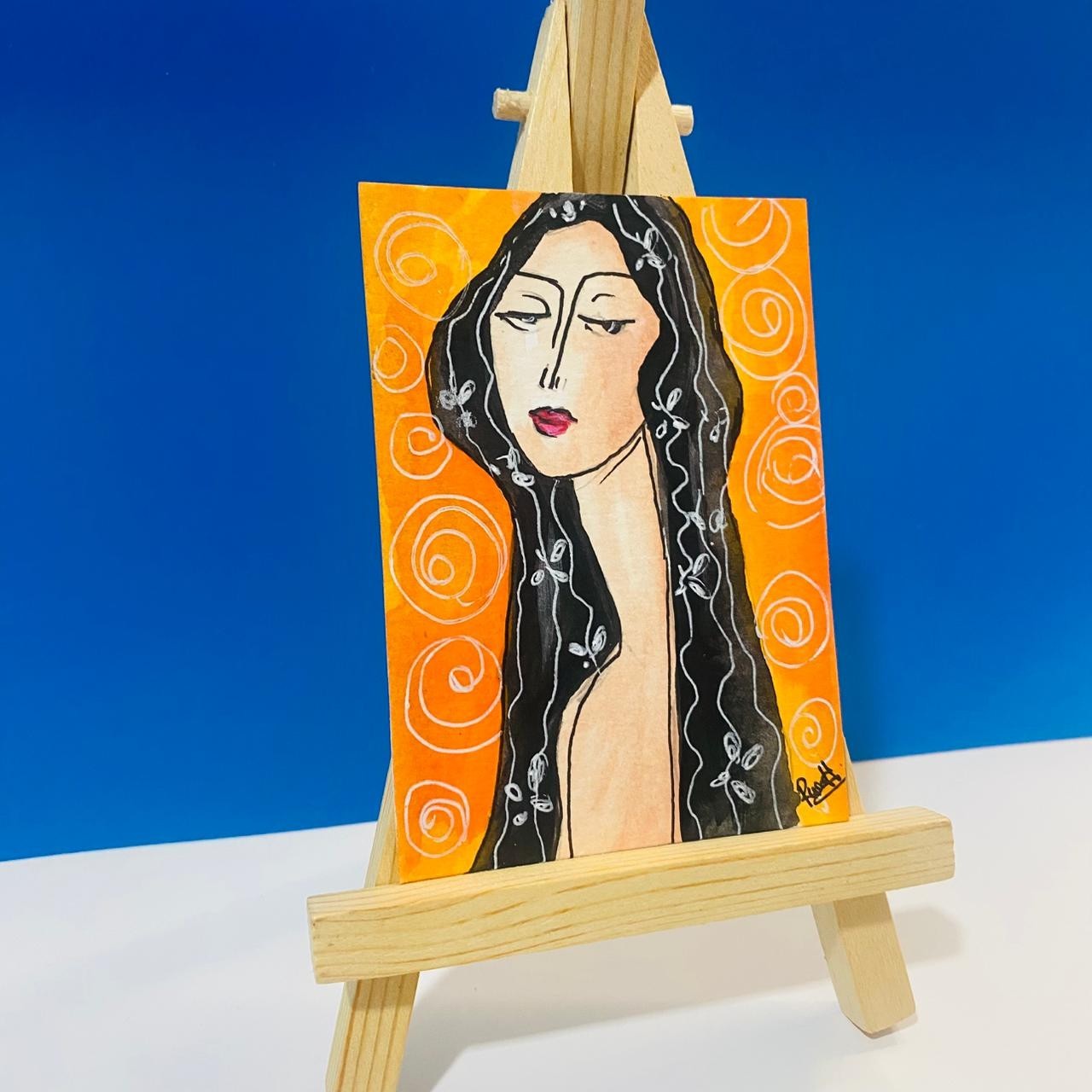 Original Abstract Female Portrait ACEO Art Card Modern Expressionist New