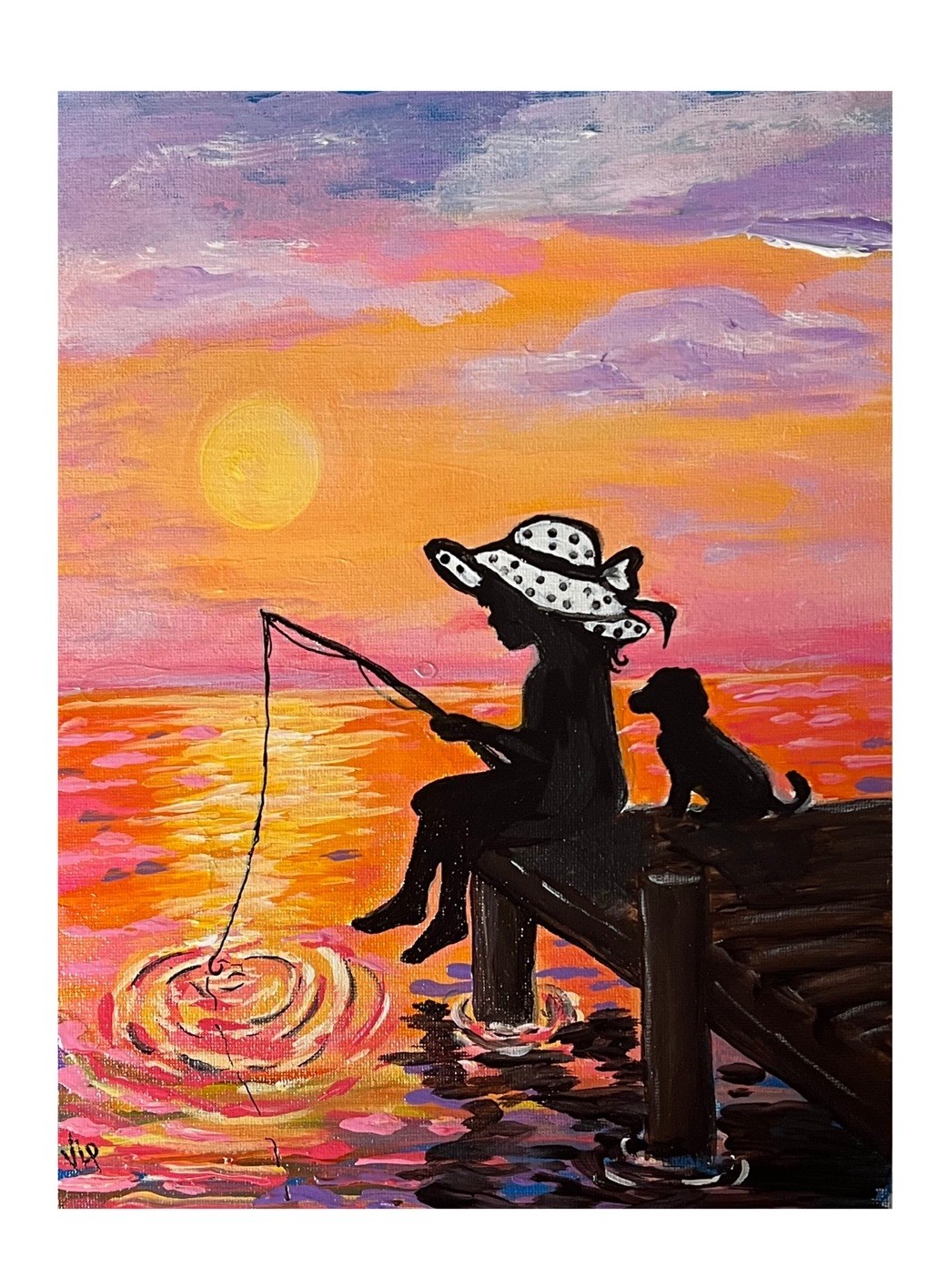 Original Folk Art Sunset Silhouette Girl Fishing Dog Acrylic 9×12” Canvas Panel