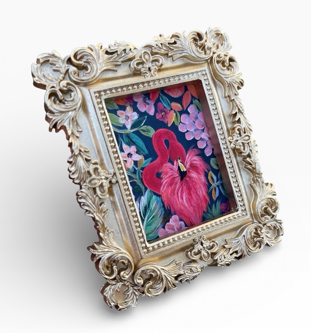 Flamingo 🦩 mini bird print of original painting • vintage ornate frame