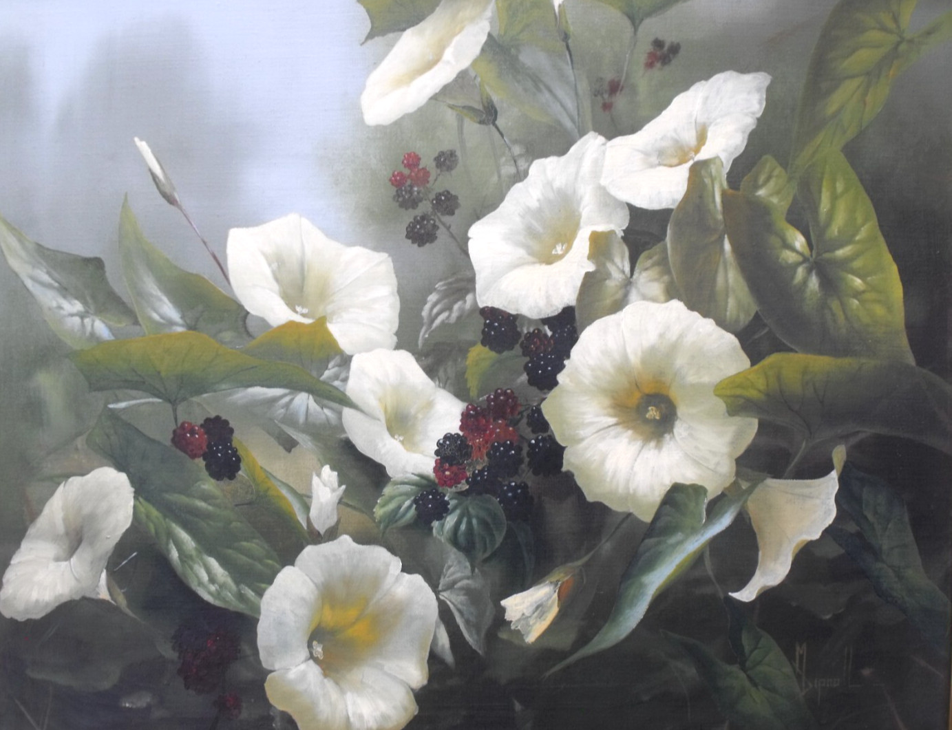 Mary Dipnall – Original Oil Painting – Convolvulus and Blackberries. Wildflowers