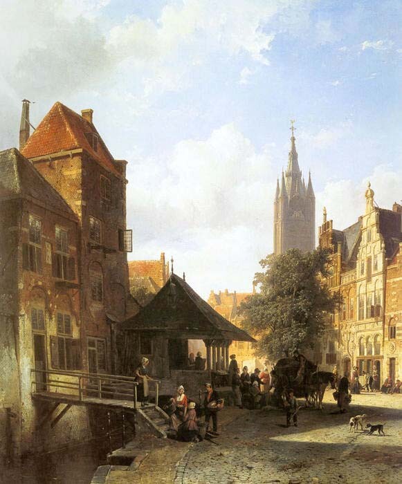 Oil painting Cornelis-Springer-Springer-Cornelis-Figures-In-A-Street-In-Delft