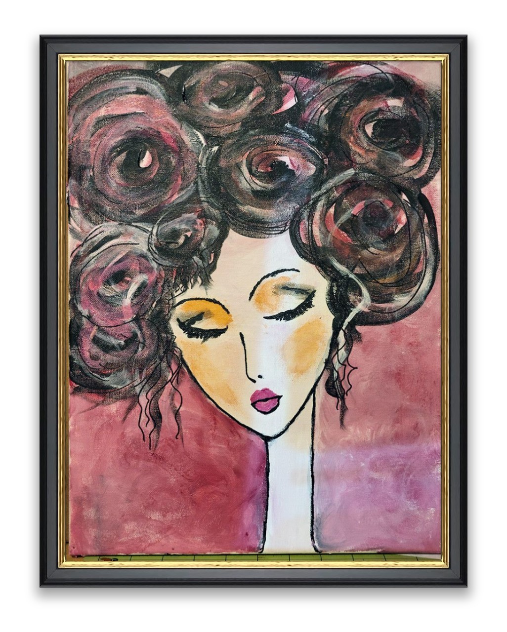 Original Abstract Fashion Portrait – Big Hair Rose Motif Girl Painting – Modern
