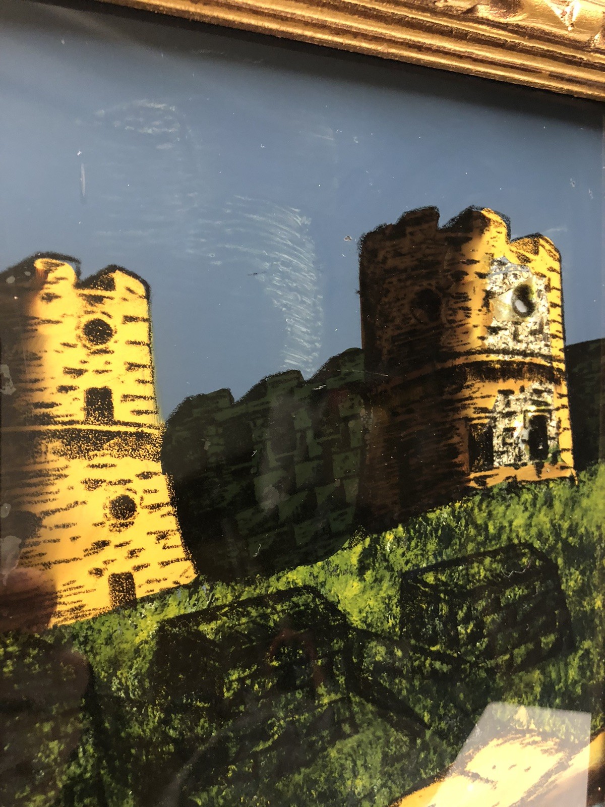 Unique VTG Castle Scene Reverse Painted On Glass With Abalone Shells Wood Frame