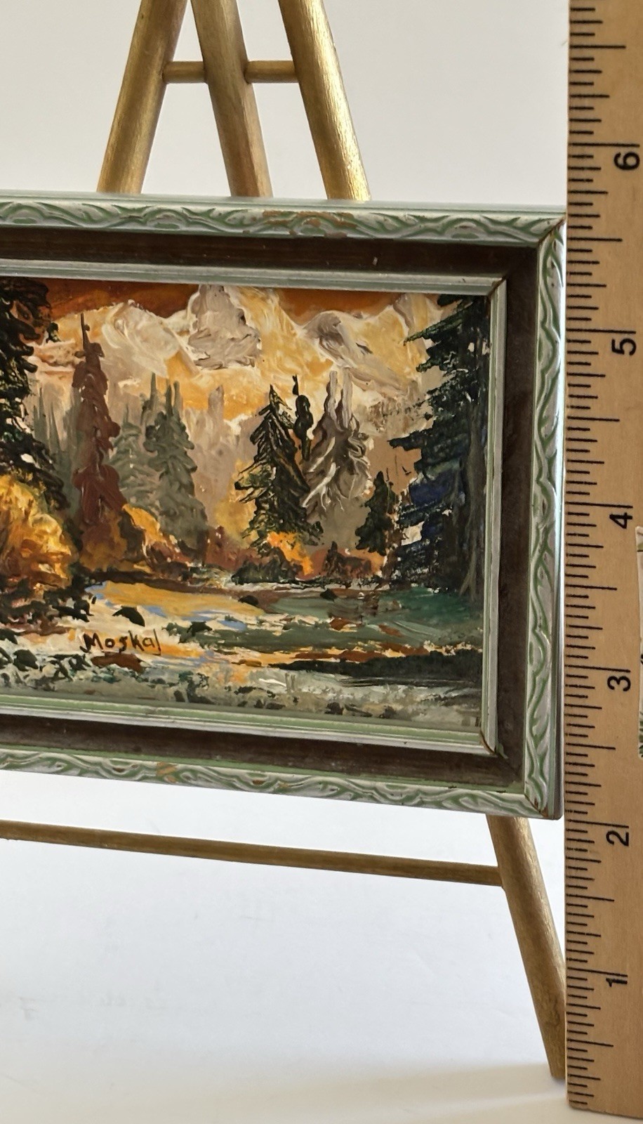 Vtg Mini Original Autumn Mountain Stream Landscape Painting Framed On Easel 3×4”