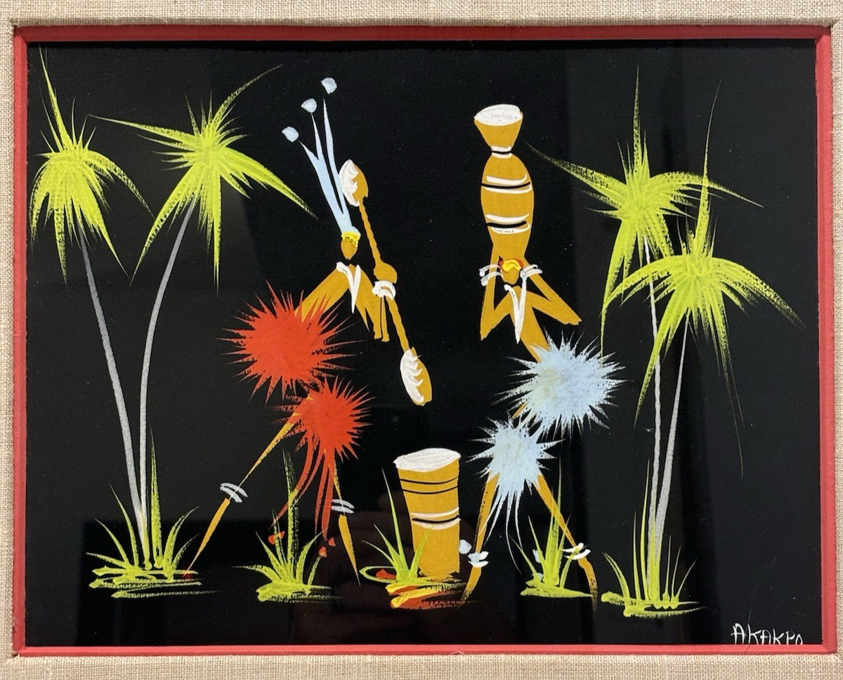 Original Signed African Folk Art Framed Matted Painting, Vintage Decor Gifts