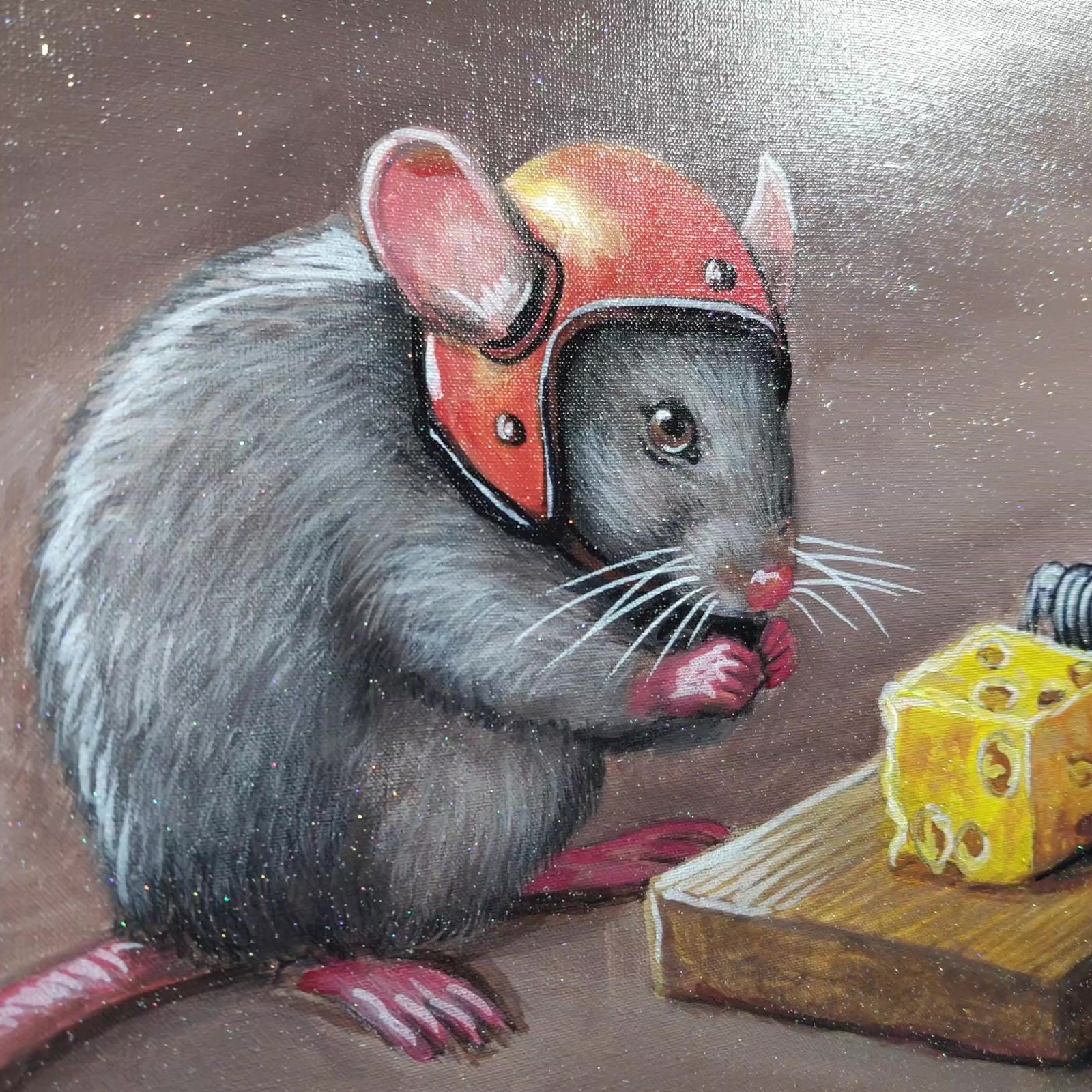 Brave Little Mouse and the Cheese Trap Funny Animal Painting Ukraine Artist