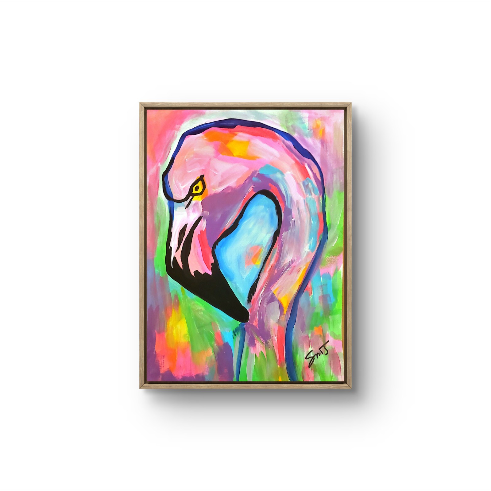JULIEN Original 9×12 WILD FLAMINGO Colorful Modern Art Acrylic Painting on PAPER