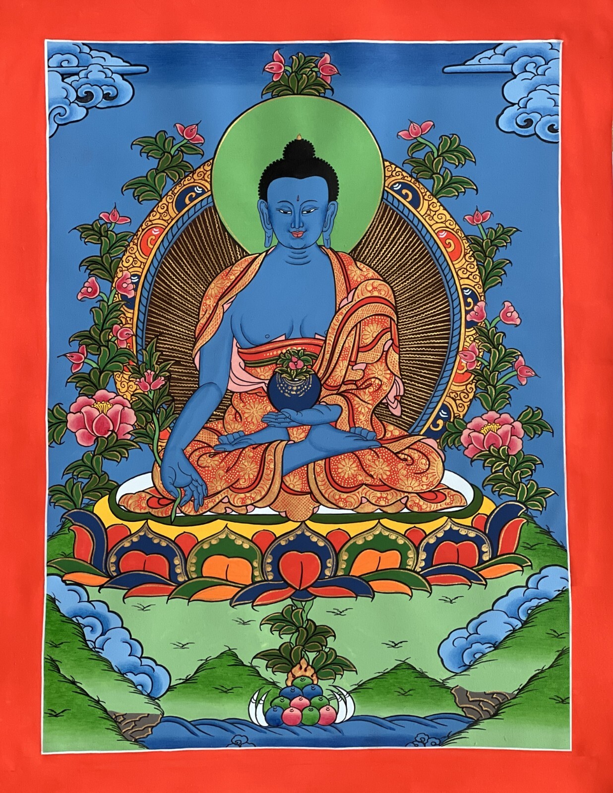 MEDICINE BUDDHA/ BHAISAJYAGURU ORIGINAL MASTERPIECE TIBETAN THANGKA PAINTING