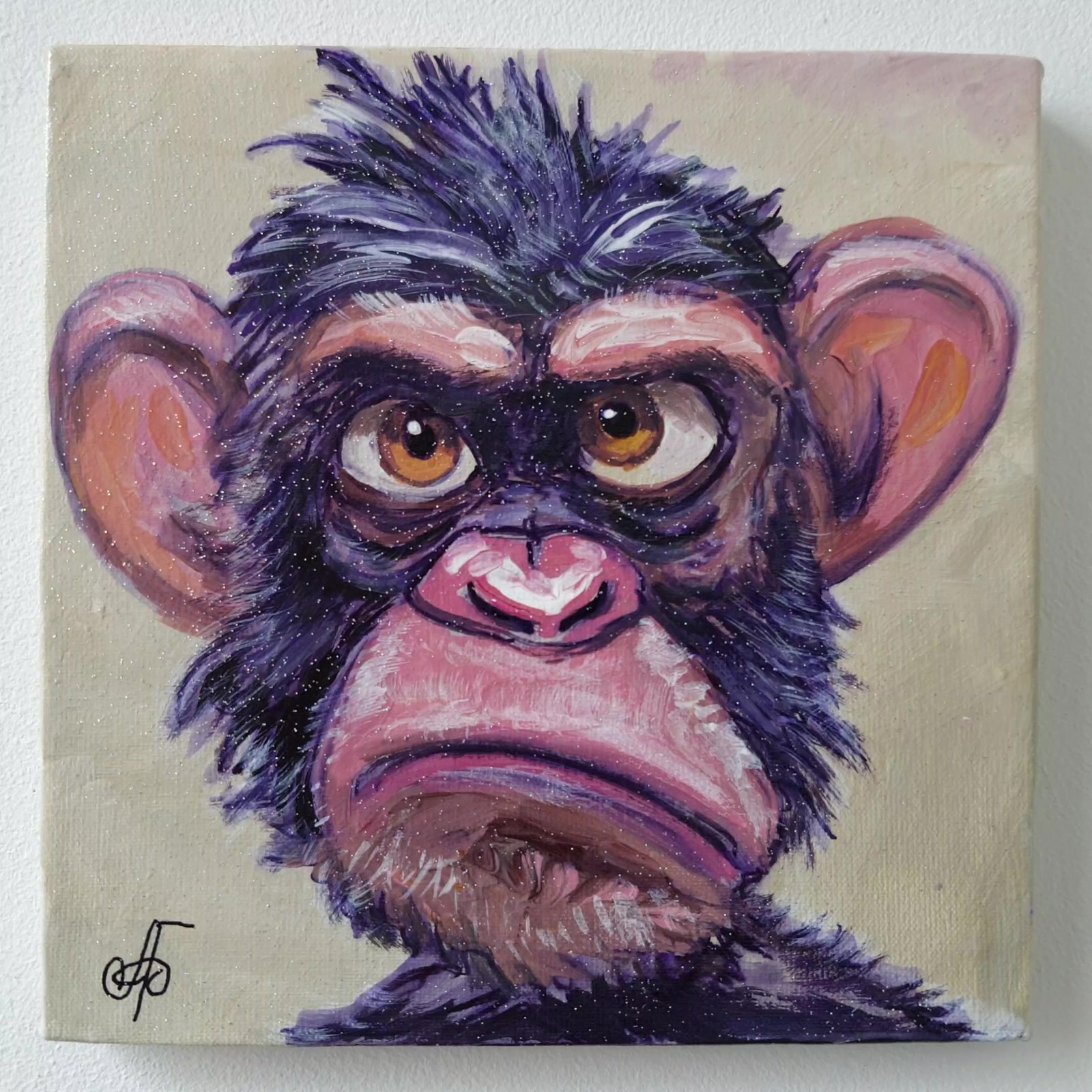 Original Acrylic Painting Funny Grumpy Chimp Monkey Portrait Small Hand Painted