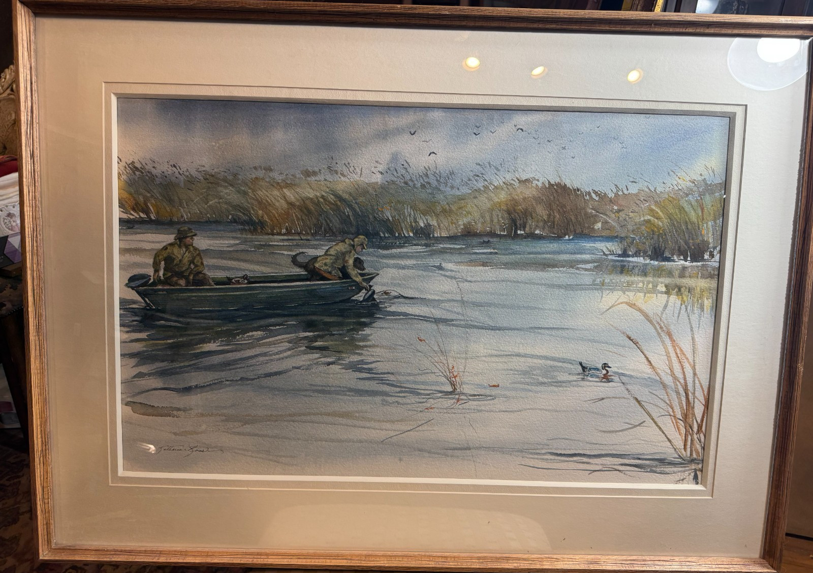 Katherine Ross Signed Original Watercolor Setting the Decoys Duck Hunting Framed