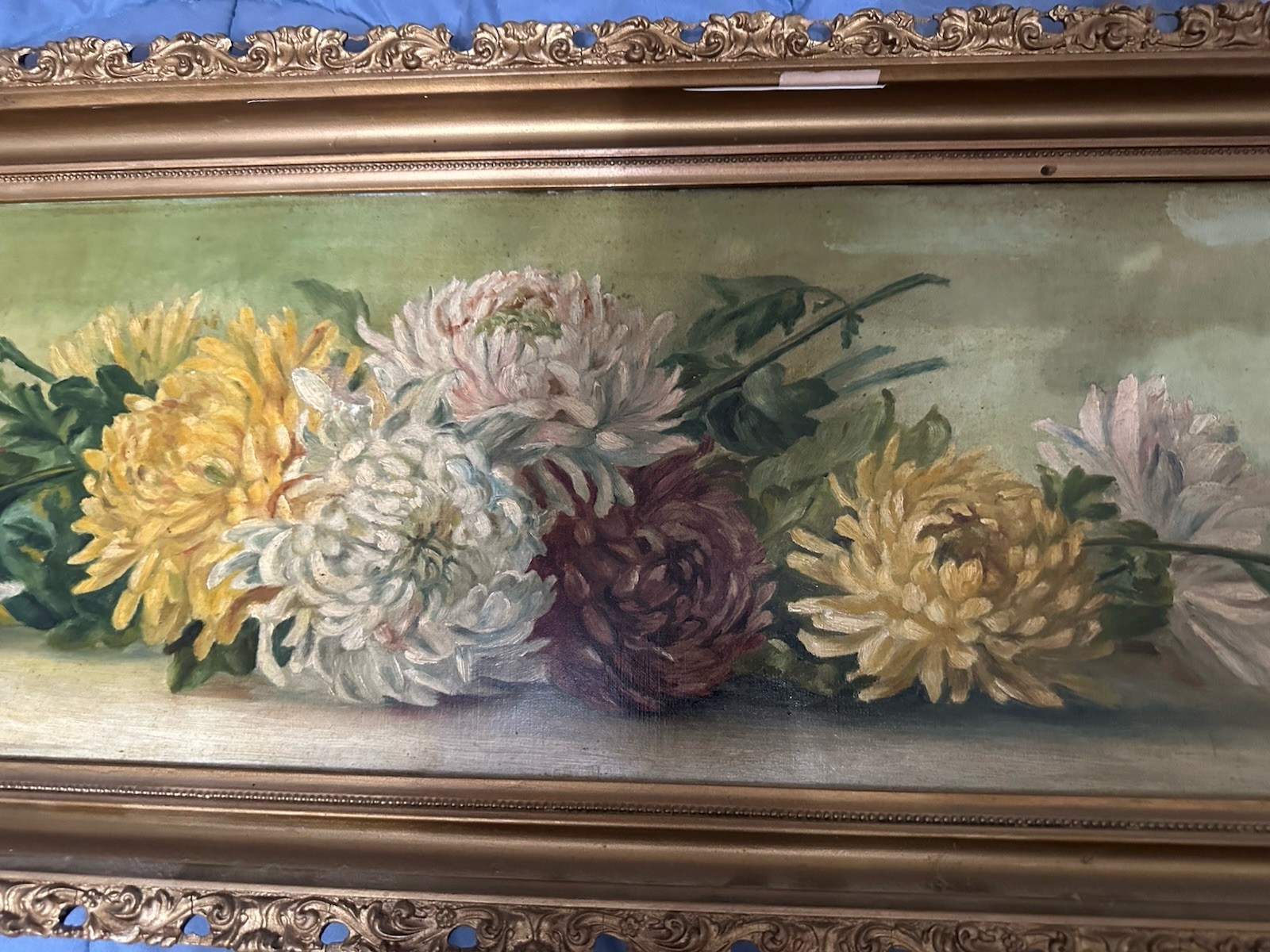 Antique Victorian Rare Horizontal Oil / C Chrysanthemum’s 40 X 14 Still Life