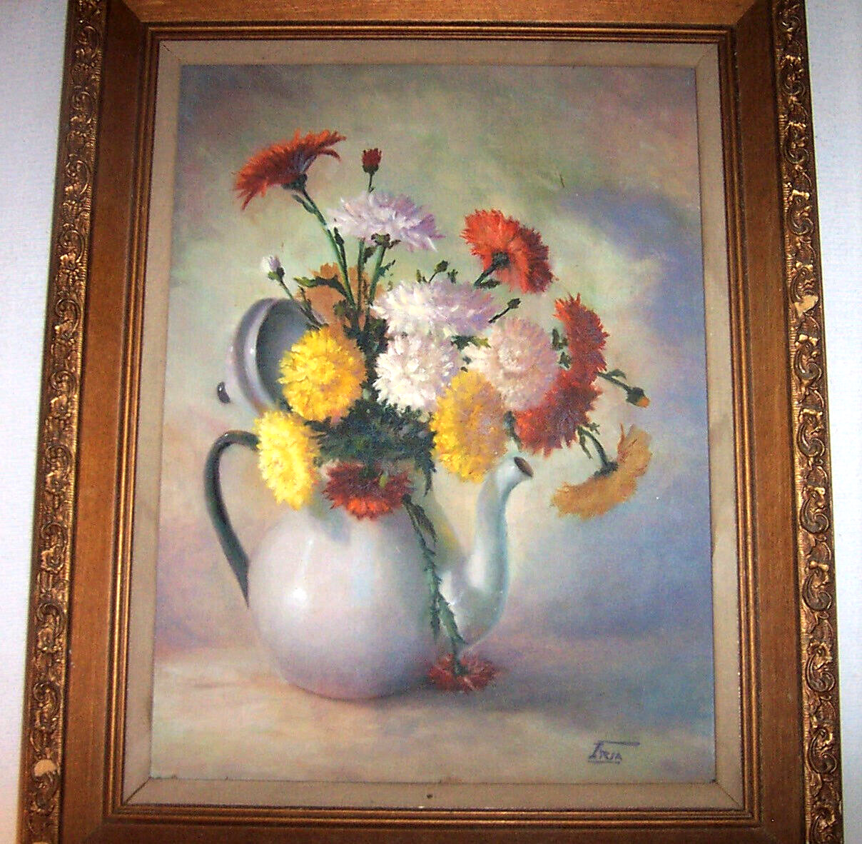 Vintage Painting Chrysanthemums Flowers in Teapot Signed Iria 12″ x 16″ Canvas