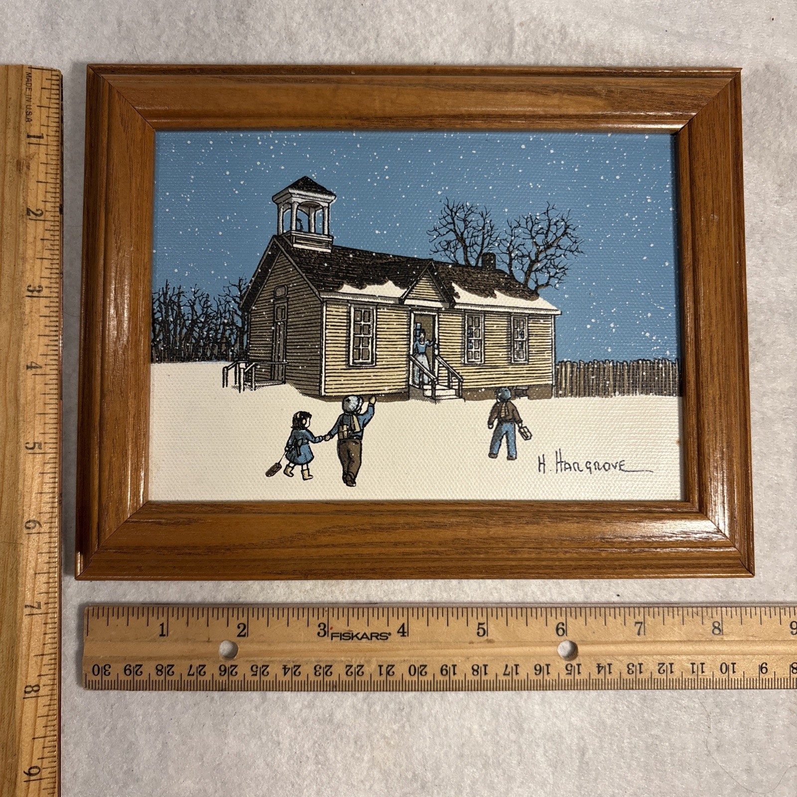 H. Hargrove Oil Painting; School House Winter Scene Framed 8.5”x6.5”. Excellent